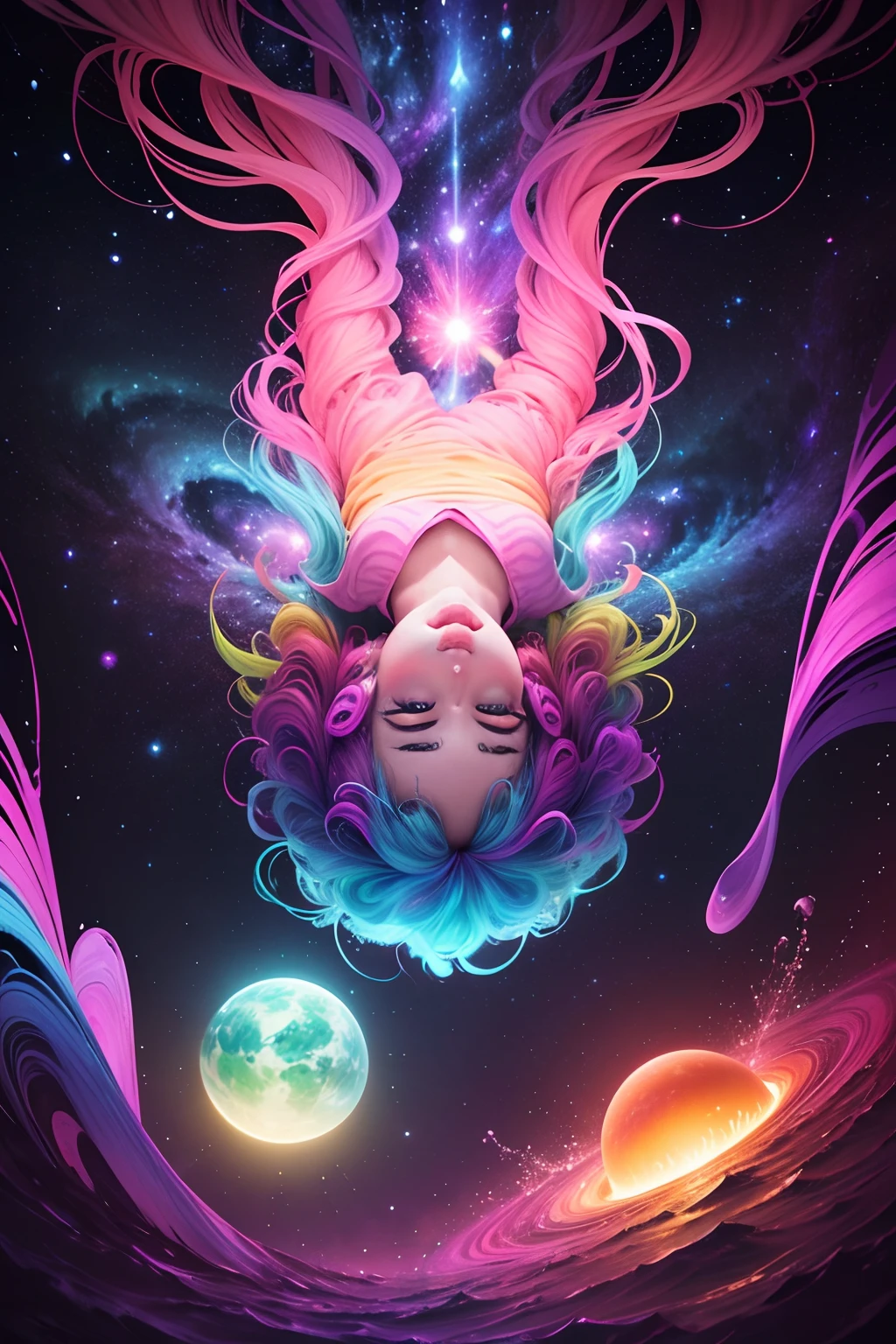 Imagine a swirling, kaleidoscopic galaxy with neon-bright stars, planets, and cosmic waves. Incorporate elements like a psychedelic astronaut floating through the colorful cosmos, blending into the surreal backdrop. Use vibrant pinks, blues, purples, and greens to create an otherworldly, trippy experience.