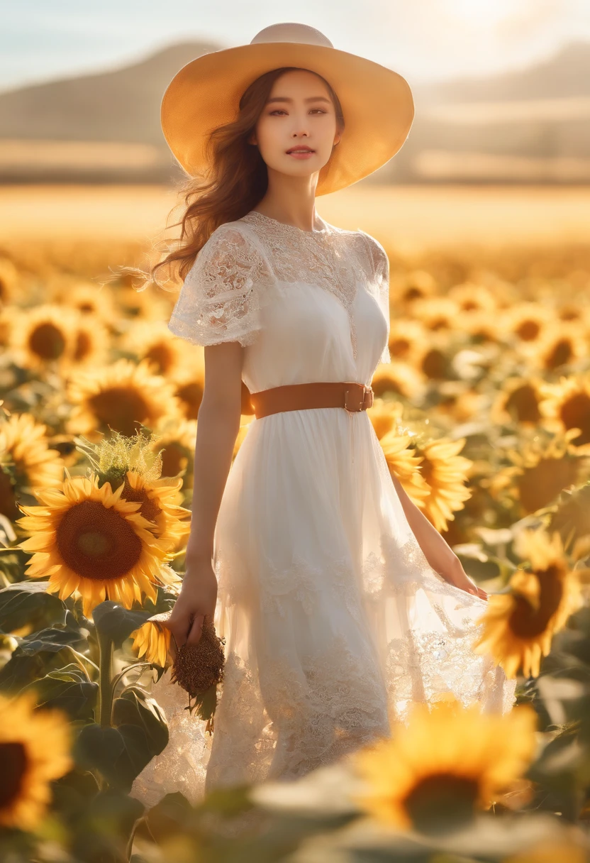 Fuwa Love Car,1girll,Solo, (White lace dress:1.2),floating dress (sunhat:1.2), Sunflower field, Under the sunlight, Light smile,view the viewer, Wind, Dynamic, Strong light and shadow,Dynamic pose,