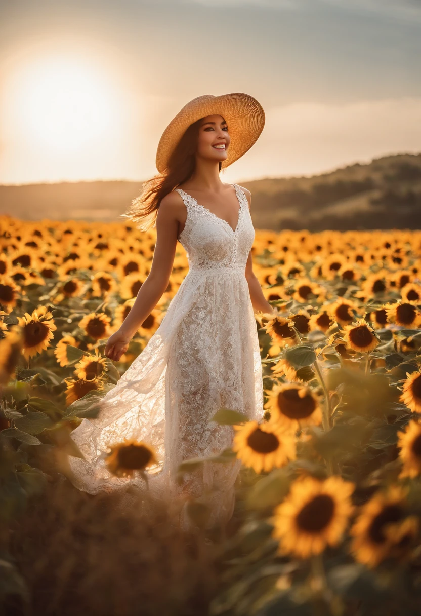 Fuwa Love Car,1girll,Solo, (White lace dress:1.2),floating dress (sunhat:1.2), Sunflower field, Under the sunlight, Light smile,view the viewer, Wind, Dynamic, Strong light and shadow,Dynamic pose,