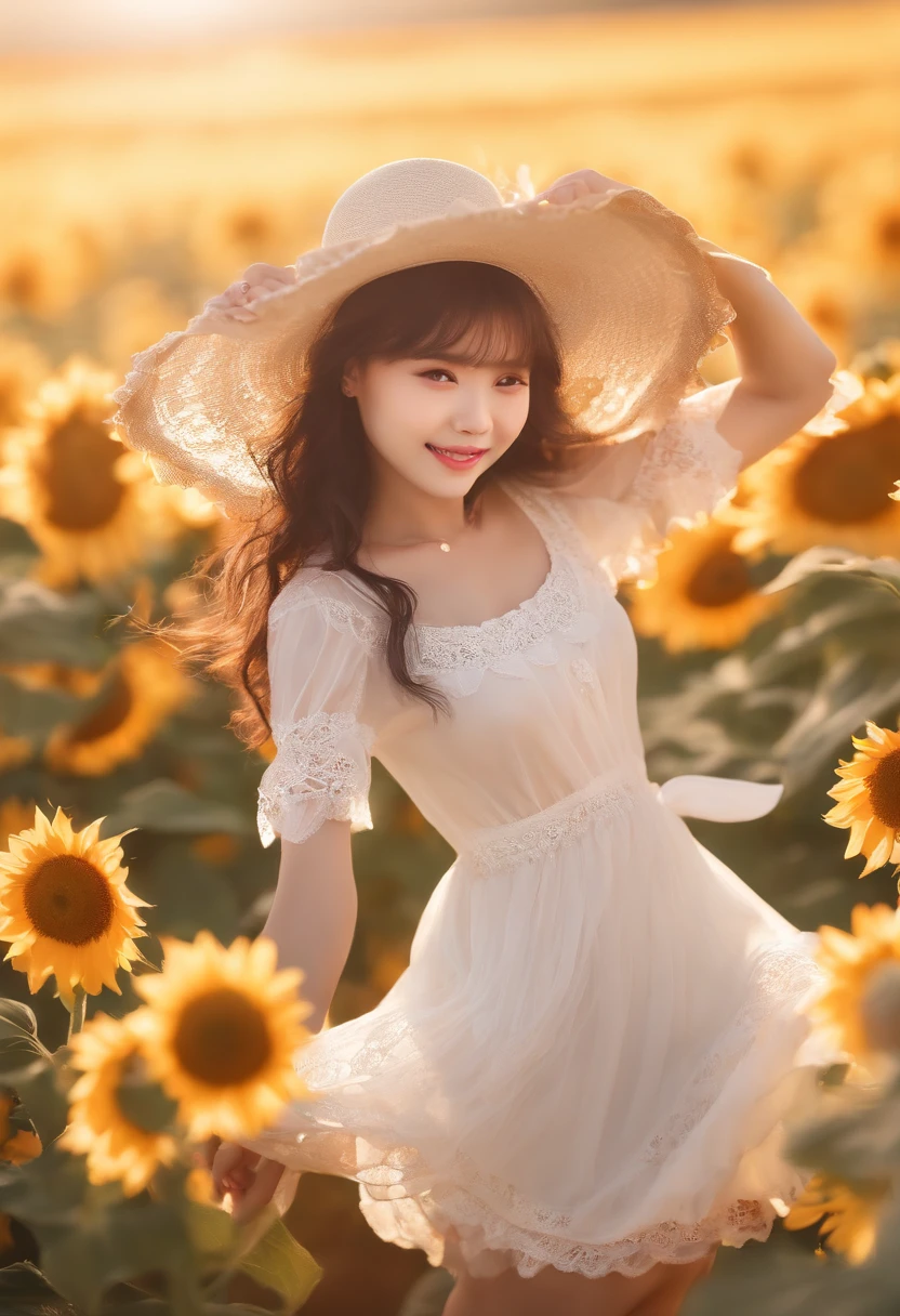 Fuwa Love Car,1girll,Solo, (White lace dress:1.2),floating dress (sunhat:1.2), Sunflower field, Under the sunlight, Light smile,view the viewer, Wind, Dynamic, Strong light and shadow,Dynamic pose,