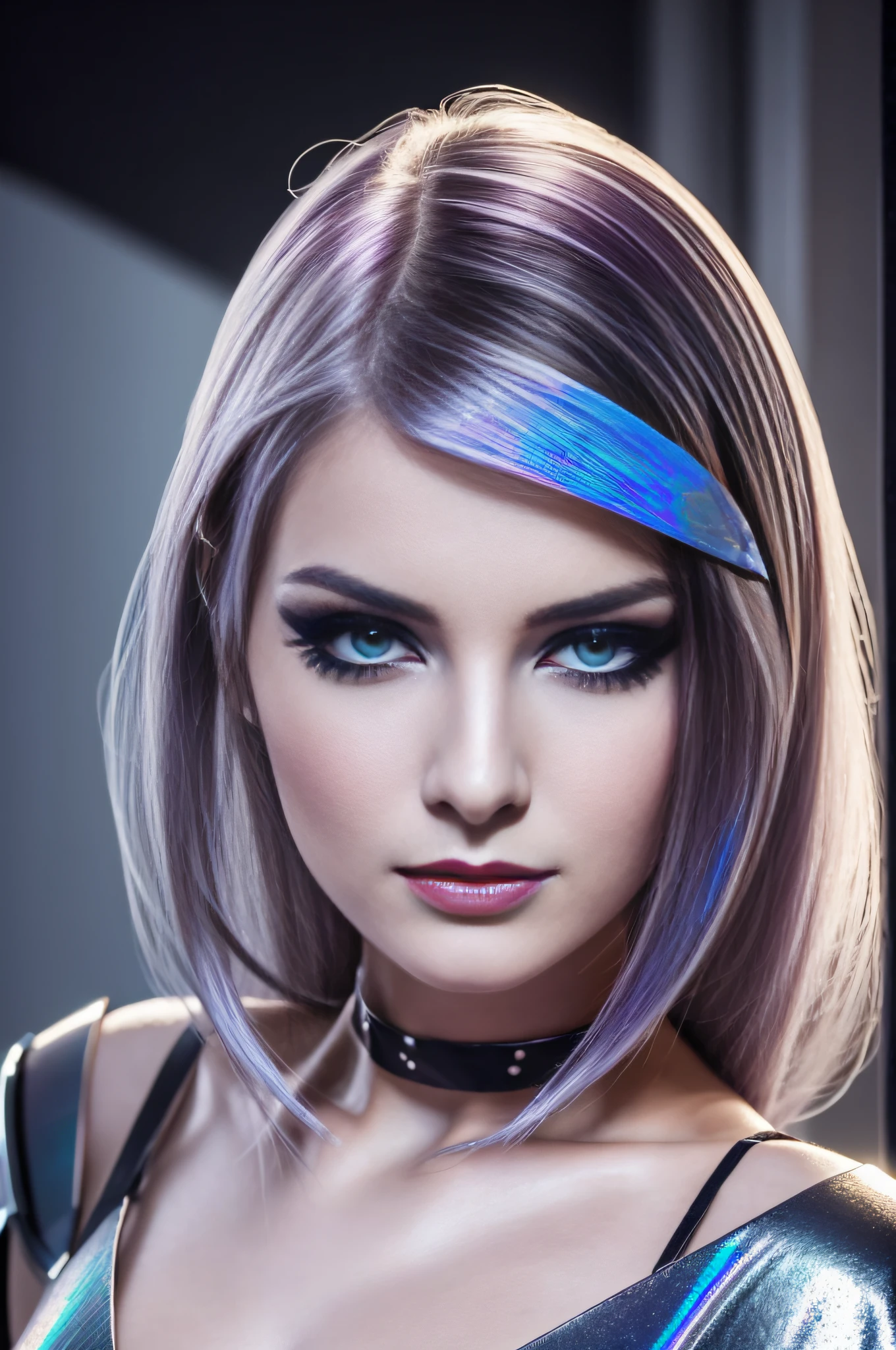 RAW photo of young English woman, color photograph, half length picture, close up portrait, ((a realistic photo of a beautiful young 18yo girl)), shadows, ((silver wing eyeliner)), (dark lipstick), ((pale iridescent skin)), dark eyes, leaning towards viewer, looking at viewer, sensual, erotic pose, smirk, shy, expressive hair, (dark hair), perfect facial features, perfect realistic skin, high quality, very detailed face, night, small breasts, futuristic model, fashion editorial style