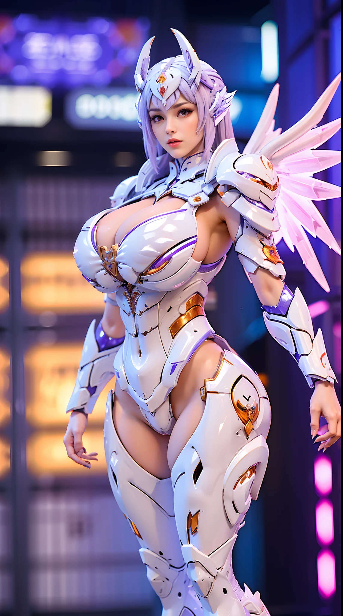 WHITE, PURPLE, DRAGON QUEEN, HUGE BOOBS, MECHA ARMOR FULL SUIT, (CLEAVAGE), (A PAIR BIG DRAGON WINGS), TRANSPARANT, TALL LEGS, STANDING, THICK BODY, MUSCLE ABS.