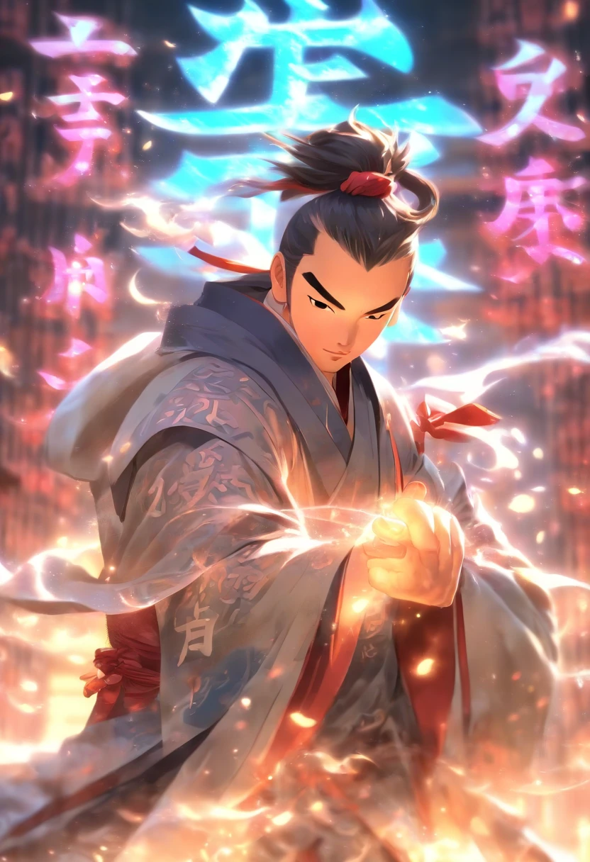 1boys,(((Solo))),full bodyesbian,Young scholars of ancient China,(Hold the transparent illuminated scroll:1.5),(Transparent glowing kanji hovering in midair:2),(Transparent kanji background:1.5),Vertical text,glittery,Scholar in blue robes,Long flowing hair flutters in the wind,16k, hyper HD, high resolution, Very detailed, Best image quality,dynamicposes,(20 columns of Chinese characters:1.6),arranged in an orderly fashion