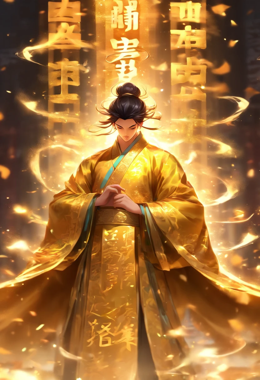 1boys,Solo,Young scholars of ancient China,Holding a golden brush,Writing is in full swing,(Transparent glowing golden Chinese characters hovered in midair:2),Vertical text,glittery,Scholar in blue robes,Long flowing hair flutters in the wind,16k, hyper HD, high resolution, Very detailed, Best image quality,dynamicposes,(20 columns of Chinese characters:1.6),arranged in an orderly fashion