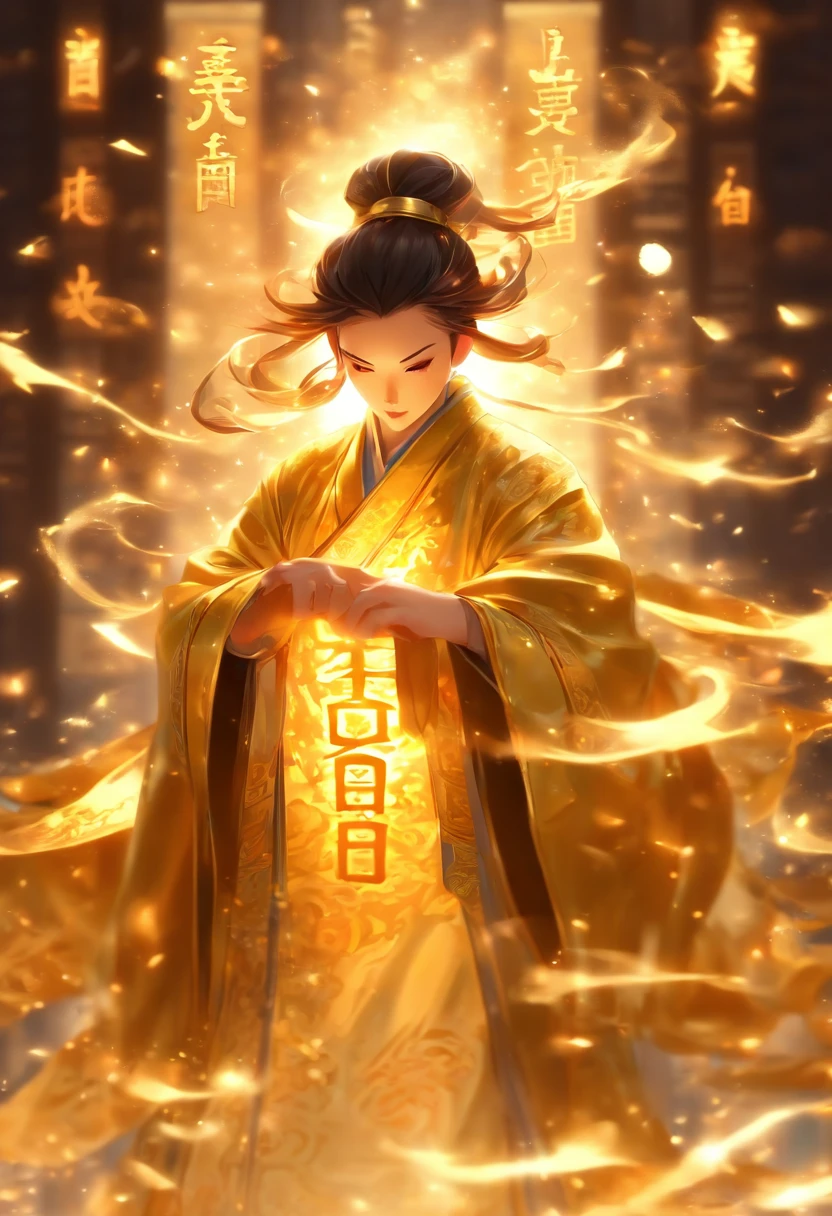 1boys,Solo,Young scholars of ancient China,Holding a golden brush,Writing is in full swing,(Transparent glowing golden Chinese characters hovered in midair:2),Vertical text,glittery,Scholar in blue robes,Long flowing hair flutters in the wind,16k, hyper HD, high resolution, Very detailed, Best image quality,dynamicposes,(20 columns of Chinese characters:1.6),arranged in an orderly fashion