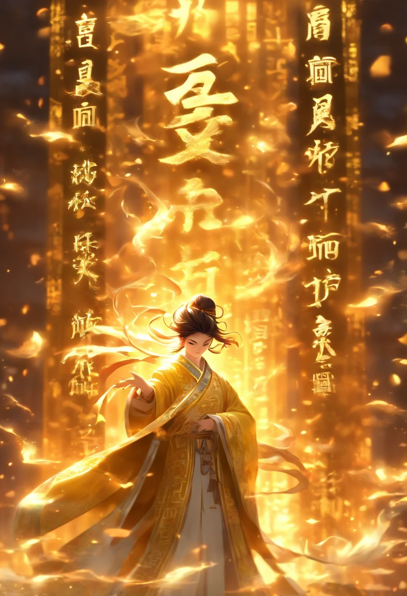 1boys,Solo,Young scholars of ancient China,Holding a golden brush,Writing is in full swing,(Transparent glowing golden Chinese characters hovered in midair:2),Vertical text,glittery,Scholar in blue robes,Long flowing hair flutters in the wind,16k, hyper HD, high resolution, Very detailed, Best image quality,dynamicposes,(20 columns of Chinese characters:1.6),arranged in an orderly fashion