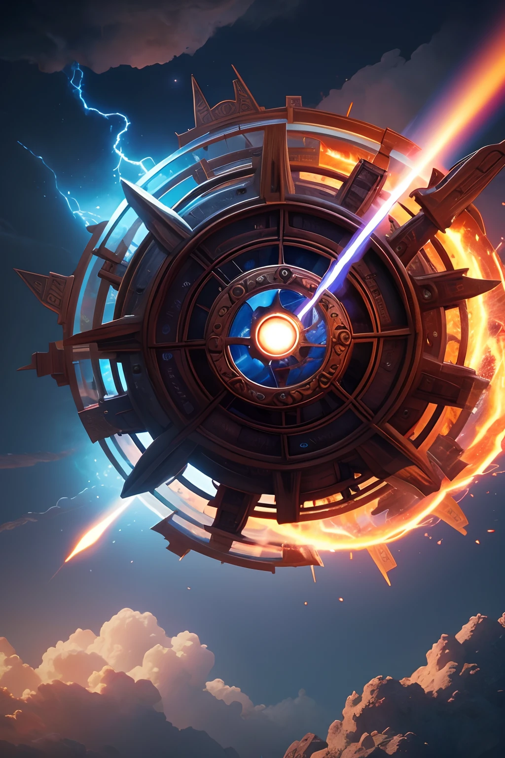 A very dynamic scene. 1200 years. Fantasy world. A giant vintage rusty gear flies through time and space. Wheel of fate and life. Very Close-up. View from below. Flight through clouds, sparks, blue flames. super realistic. cinematic. Blurred background in motion. light haze