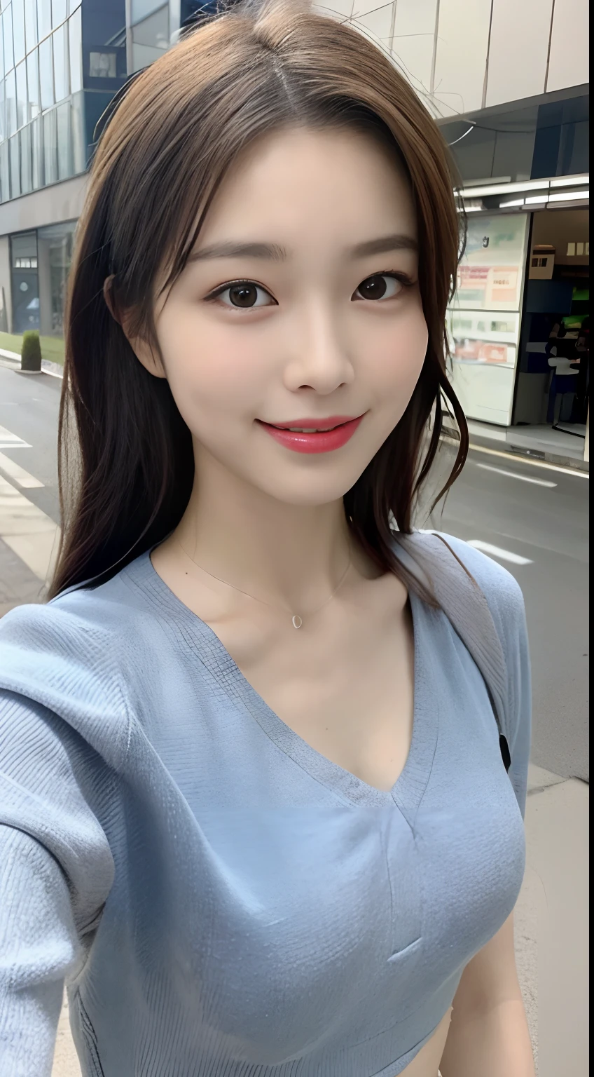 ((The highest image quality, 8K, tmasterpiece:1.3)), 1girll, Beautiful woman with slender abs:1.3, (casual hairstyle, :1.2), shift dresses,Ultra-fine face, A detailed eye, 二重まぶた,ssmile。Take pictures in cute poses,The figure is very bad,tiny small waist,Super big breasts,close-up,Close-up chest,White-skinned,Bustling street background