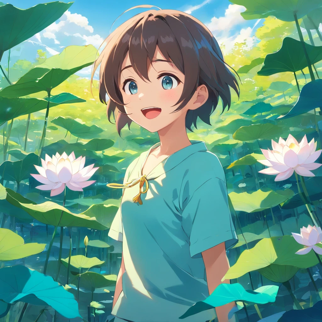 Best Picture Quality，Sky blue sky with turquoise lotus leaves，Cute anime  boy，Mouth open，laughing very happily，Laugh heartily among the lotus bushes，Department of Healing