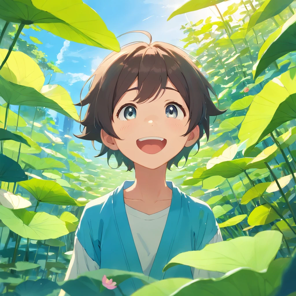 Best Picture Quality,Sky blue sky with turquoise lotus leaves,Cute anime boy,Mouth open,laughing very happily,Laugh heartily among the lotus bushes,Department of Healing