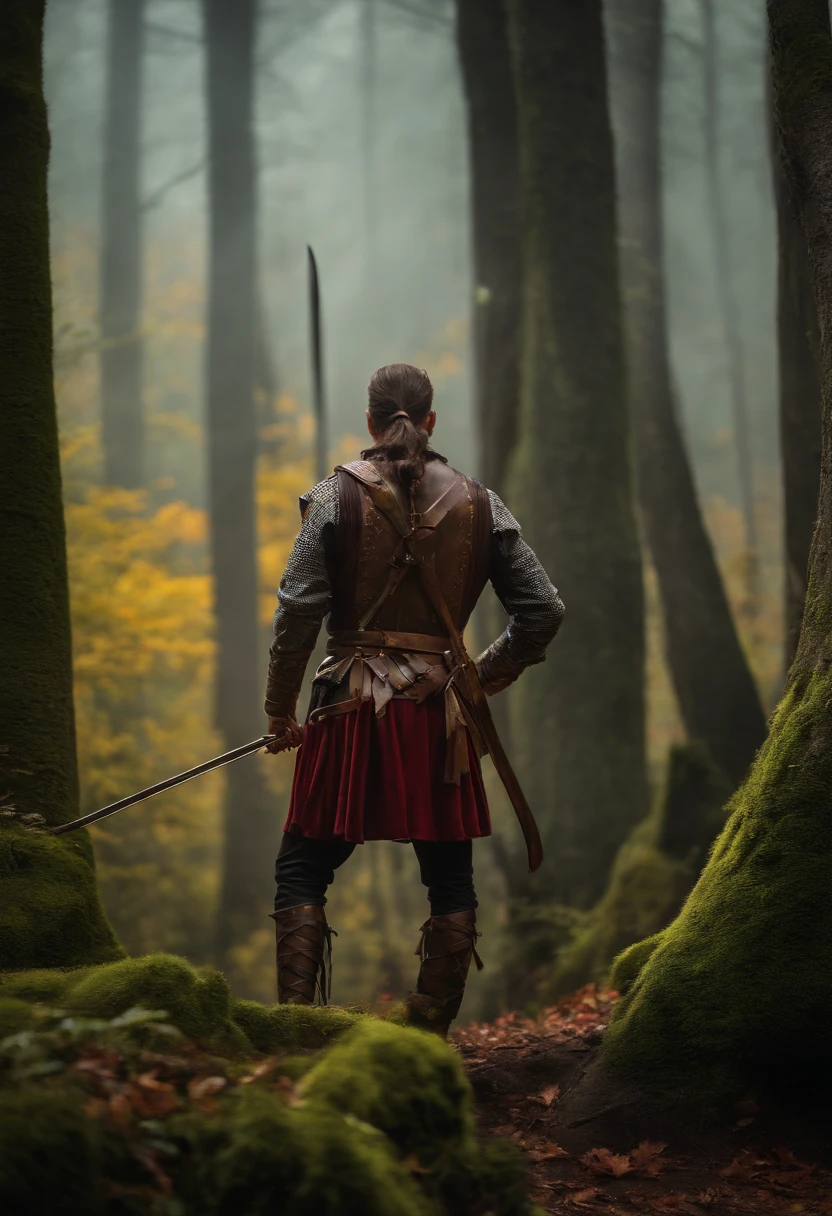 A man is a warrior with a large full-length bow standing on the edge of the forest