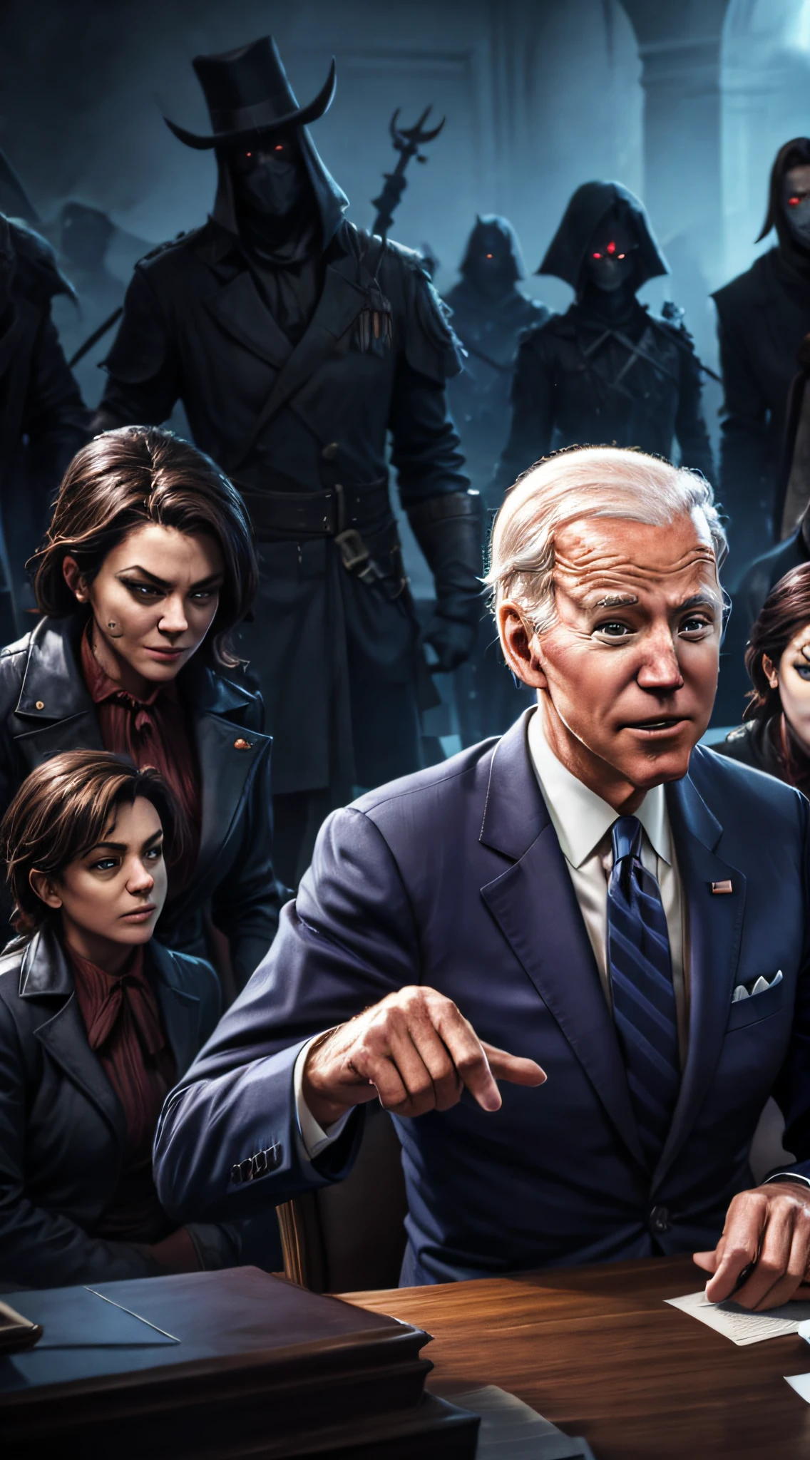 Show an image of a shadowy conspiracy involving Joe Biden and his undead horde.