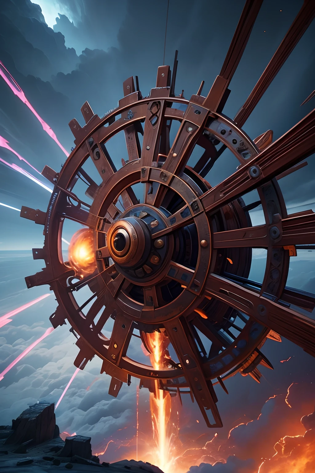 A very dynamic scene. 1200 years. Fantasy world. A giant vintage rusty gear flies through time and space. Wheel of fate and life. Very Close-up. View from below. Flight through clouds, sparks, blue flames. super realistic. cinematic. Blurred background in motion. light haze