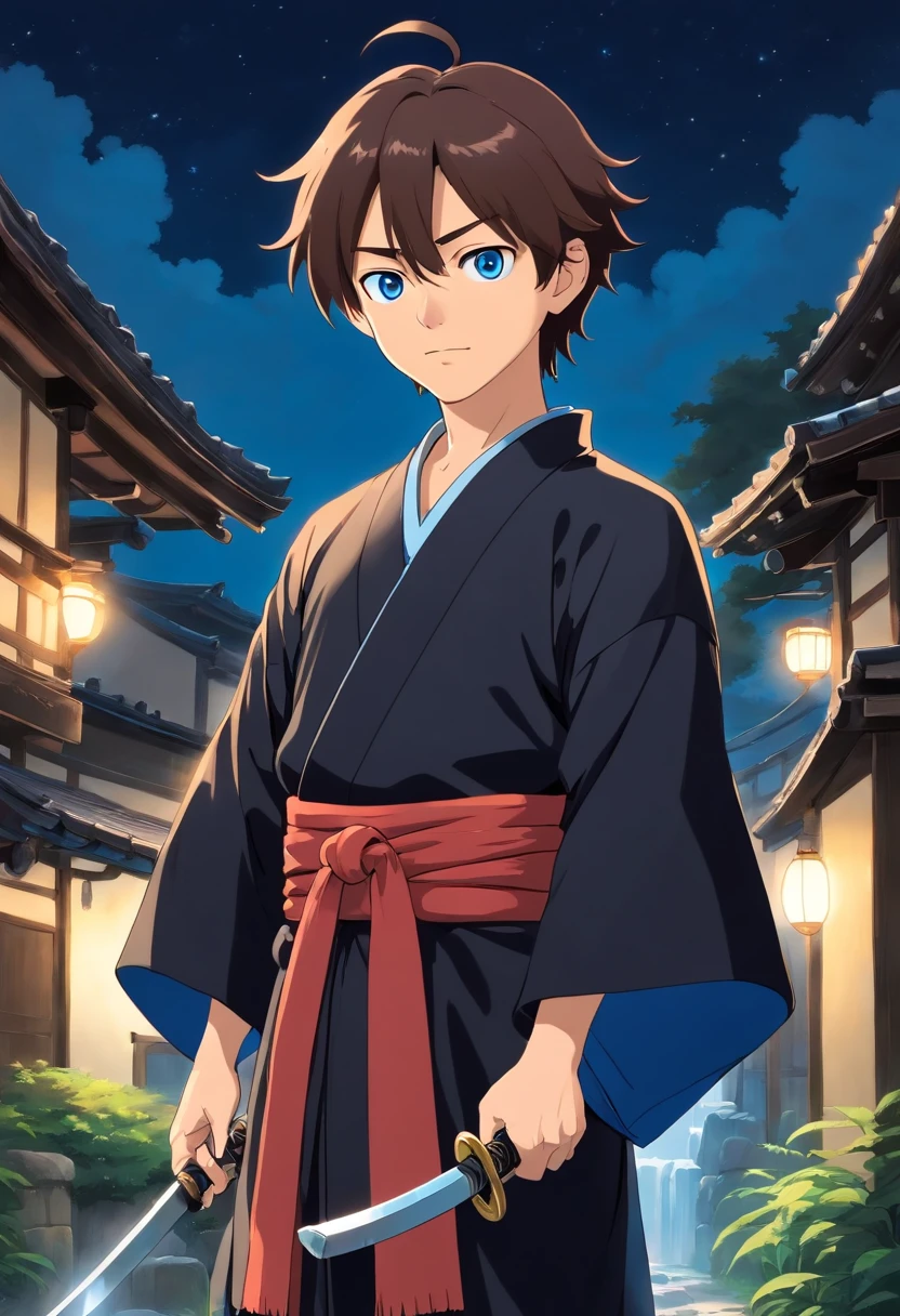 wearing a  black kimono Make sure the man is brown with blue eyes, brown middle part hair, and that the clip art has a crisp white background in high definition, ((male)) katana at waist in japanese village at night