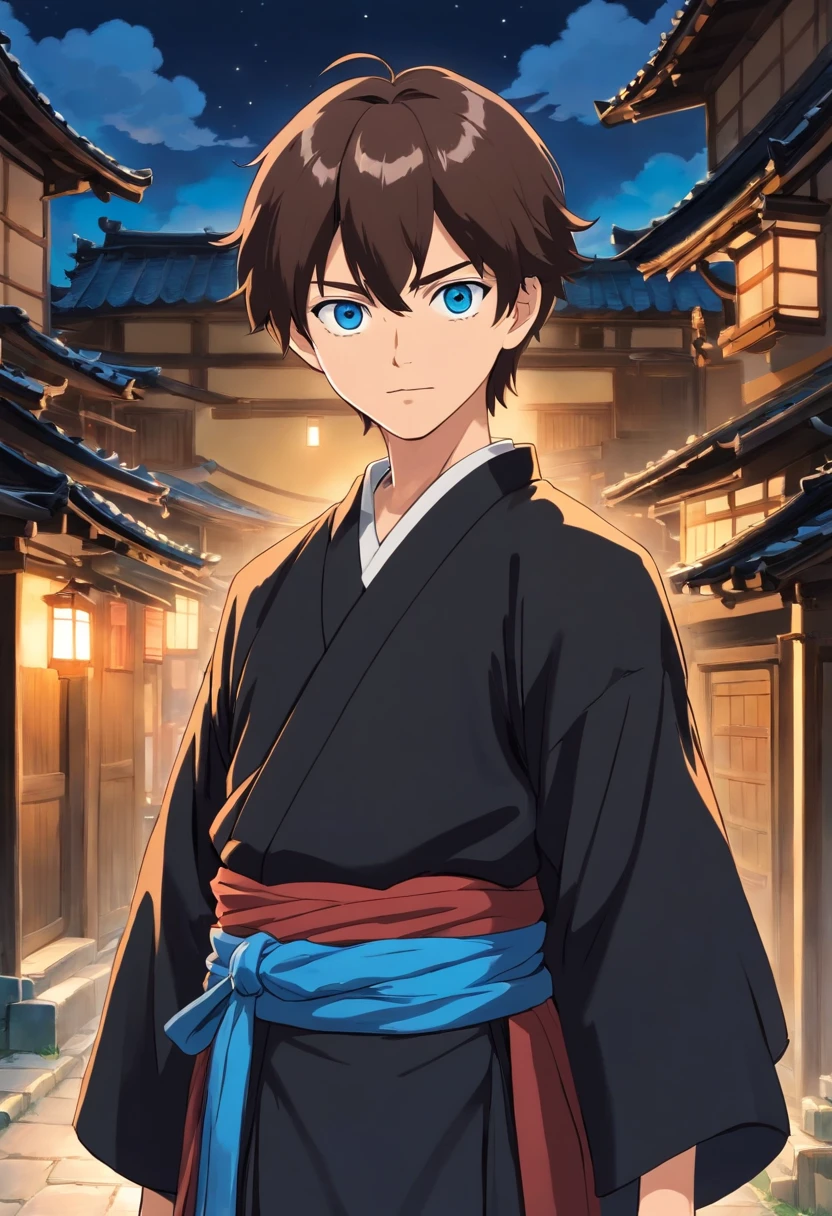 wearing a  black kimono Make sure the man is brown with blue eyes, brown middle part hair, and that the clip art has a crisp white background in high definition, ((male)) katana at waist in japanese village at night