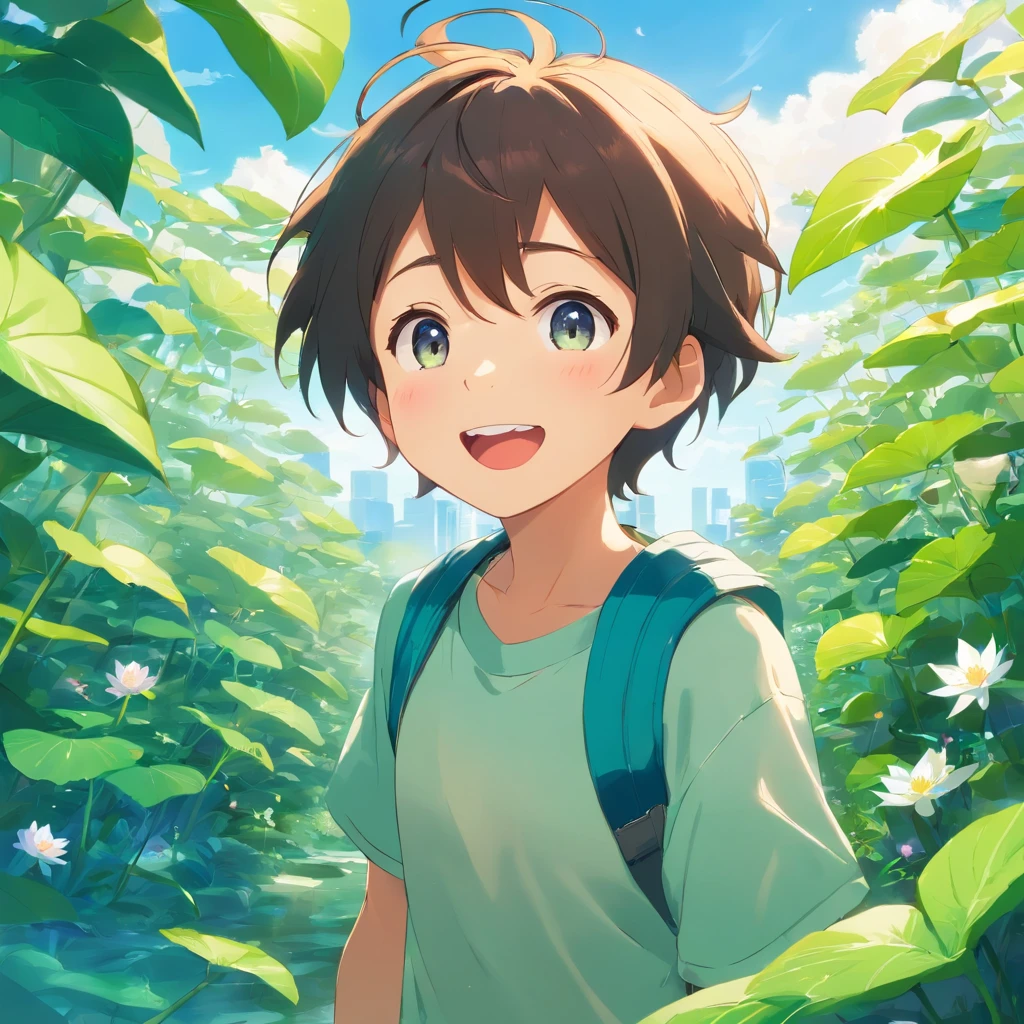 Best Picture Quality,Cute anime little boy,Mouth open,laughing very happily,Laugh heartily among the lotus bushes,Department of Healing,Sky blue sky with turquoise lotus leaves