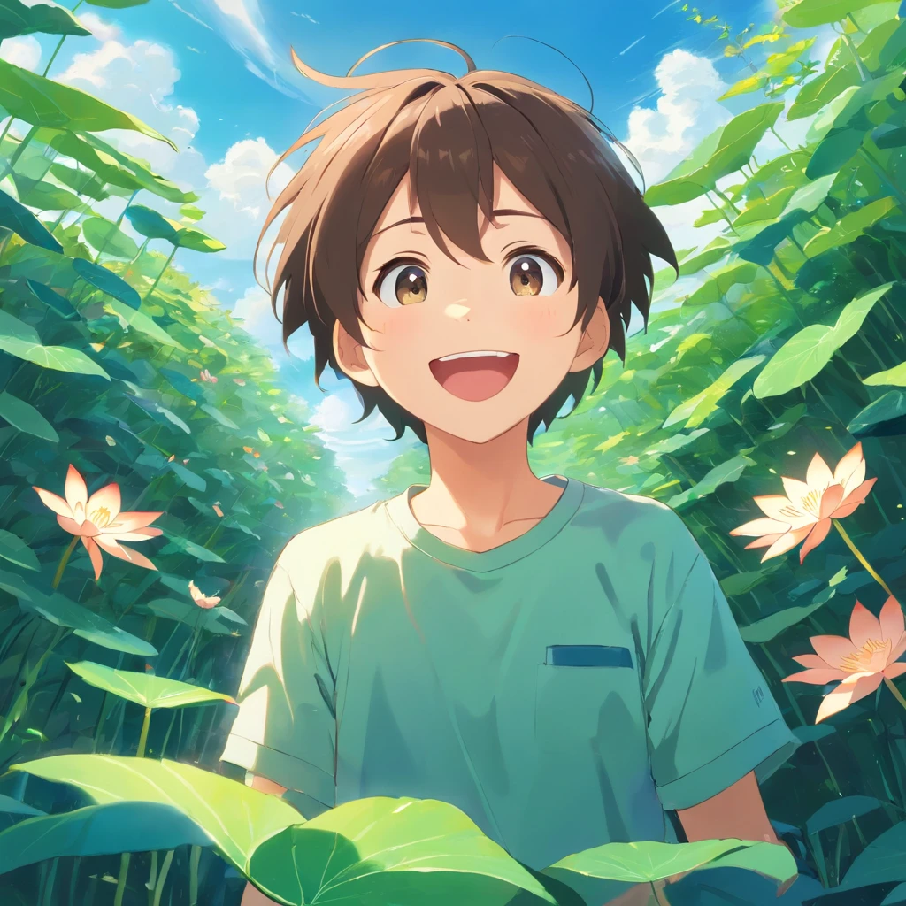 Best Picture Quality，Cute anime little boy，Mouth open，laughing very happily，Laugh heartily among the lotus bushes，Department of Healing，Sky blue sky with turquoise lotus leaves