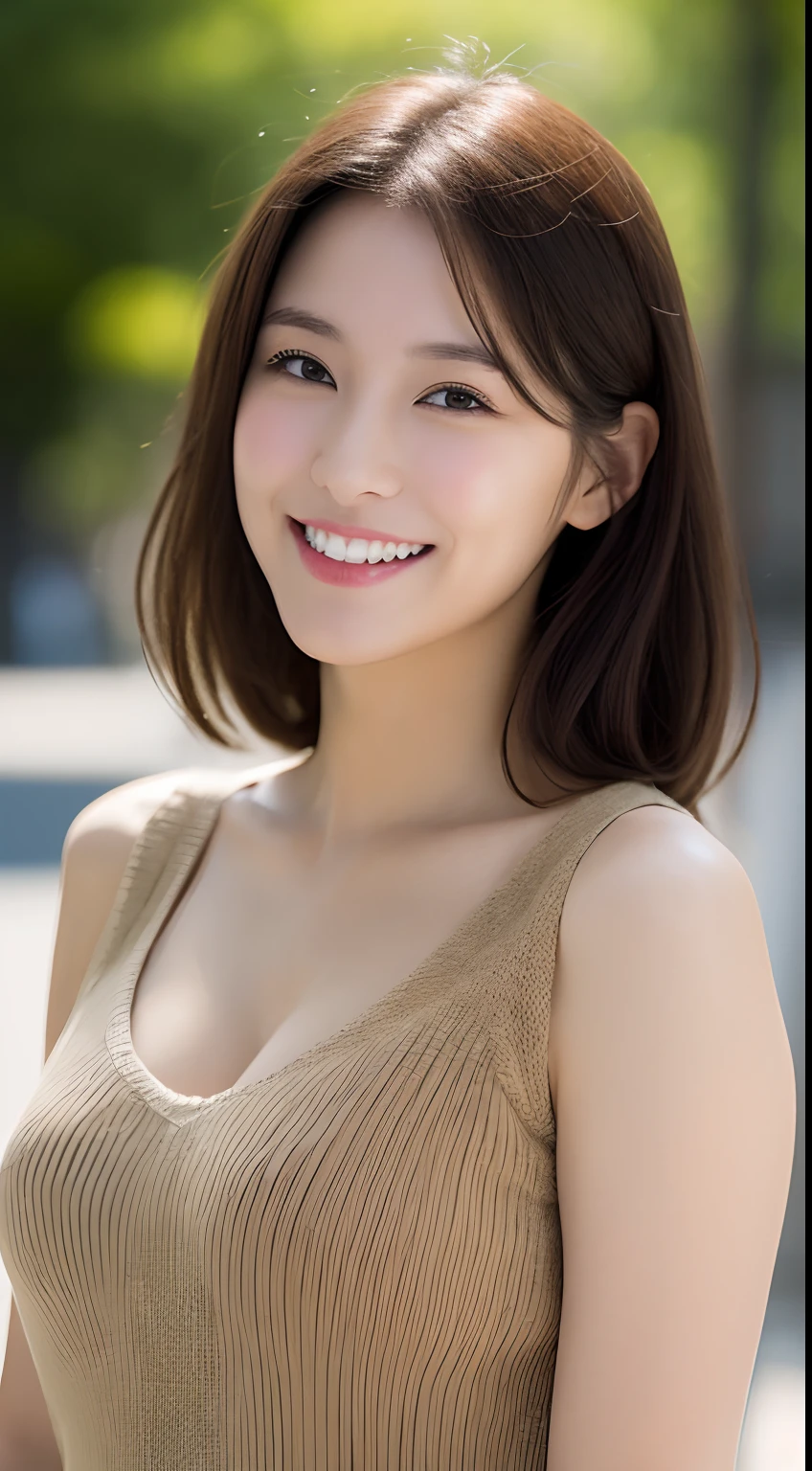 masutepiece, Best Quality, Photorealsitic, finely detail, hight resolution, 8K Wallpapers, Perfect dynamic composition, Beautiful detailed eyes, Medium Hair, large full breasts, Random and sexy poses,Bring your chest together、(Open chest mock neck tank top khaki knitwear with clearly visible cleavage)、(Breast bulge 1.2)、A smile、open open mouth、Resort scenery、25-years old、(Drooping eyes 1.4)、Adult beauty、japanes