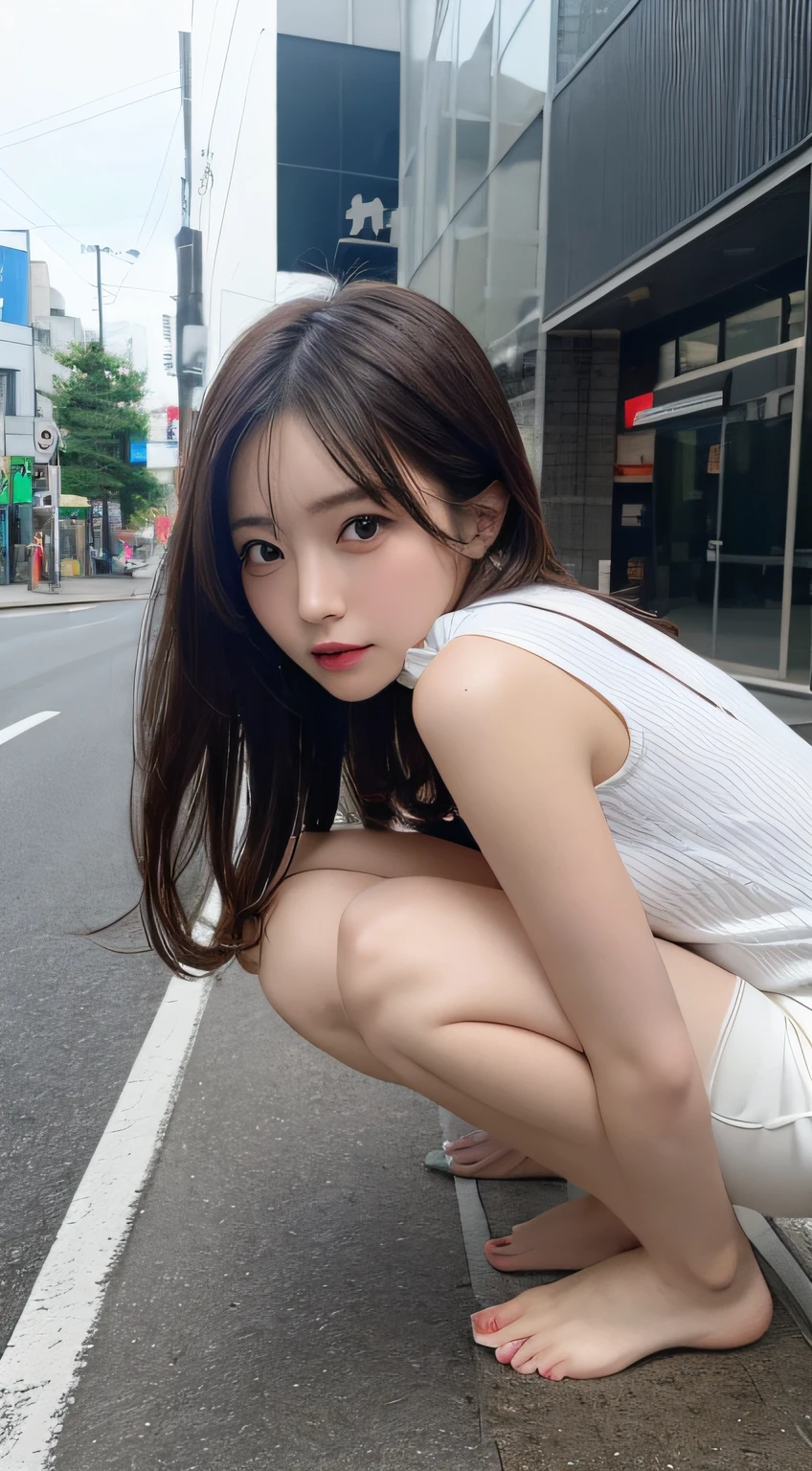 finely detail, hight resolution, hightquality、Perfect dynamic composition, Beautiful detailed eyes, Medium Hair, small tits、Natural Color Lip,Kamimei、Shibuya、20 years girl、1 persons、Transparent skin、Glowing hair、masutepiece, Best Quality, Illustration, Ultra-detailed, finely detail, hight resolution, 8K、The correct state of the human body、crouching down、Gravure Model Pose,Hair soaring in the wind