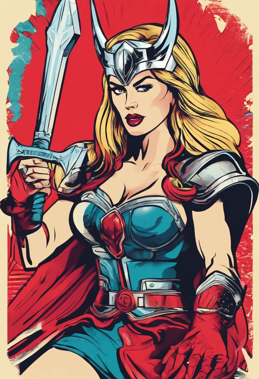 (best quality,4k,8k,highres,masterpiece:1.2),ultra-detailed,realistic Traditional comic pop art a waifu female thor with the Mjölnir thors hammer electric current