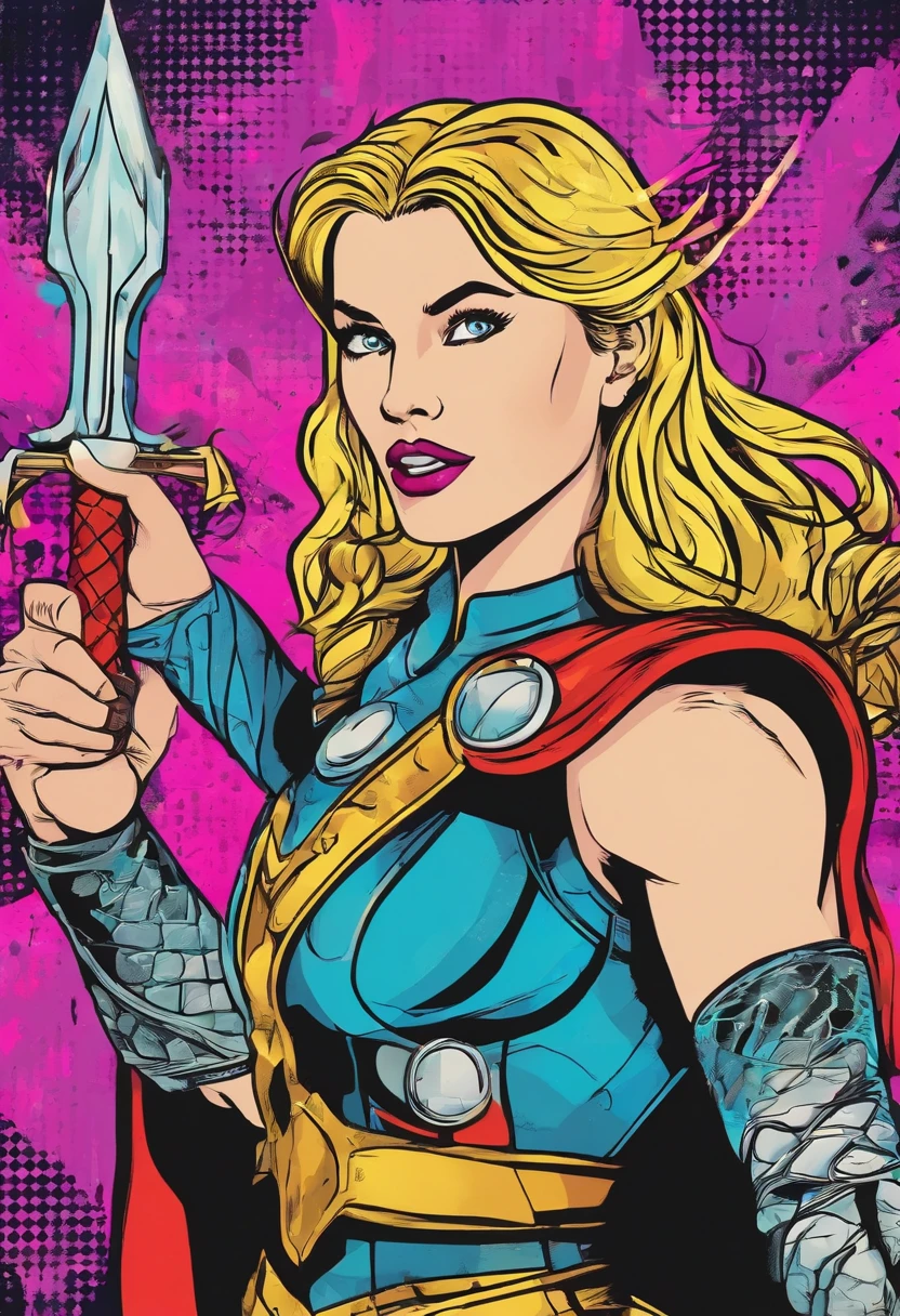 (best quality,4k,8k,highres,masterpiece:1.2),ultra-detailed,realistic Traditional comic pop art a waifu female thor with the Mjölnir thors hammer electric current