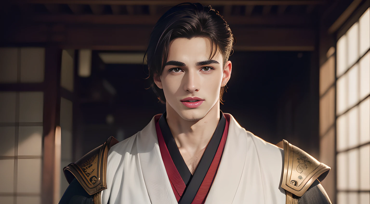 (((Men only))), ((head shot)), ((Pietro Boselli)), Ponytail, (wearing SAMURAI costume from Japan), (Japanese samurai had a distinctive appearance with traditional armor, swords, topknots, and often wore robes), ((Handsome muscle man in his 20s)), (Big smile), (detaile: 1 in 1), Natural muscles, HIG quality, beautidful eyes, (Detailed face and eyes), (Face、: 1 / 2), Noise, Real Photographics、... ......................................................................................................................PSD, Sharp Focus, High resolution 8K, realisitic & Professional Photography, 8K UHD, Soft lighting, High quality, Film grain, FujifilmXT3