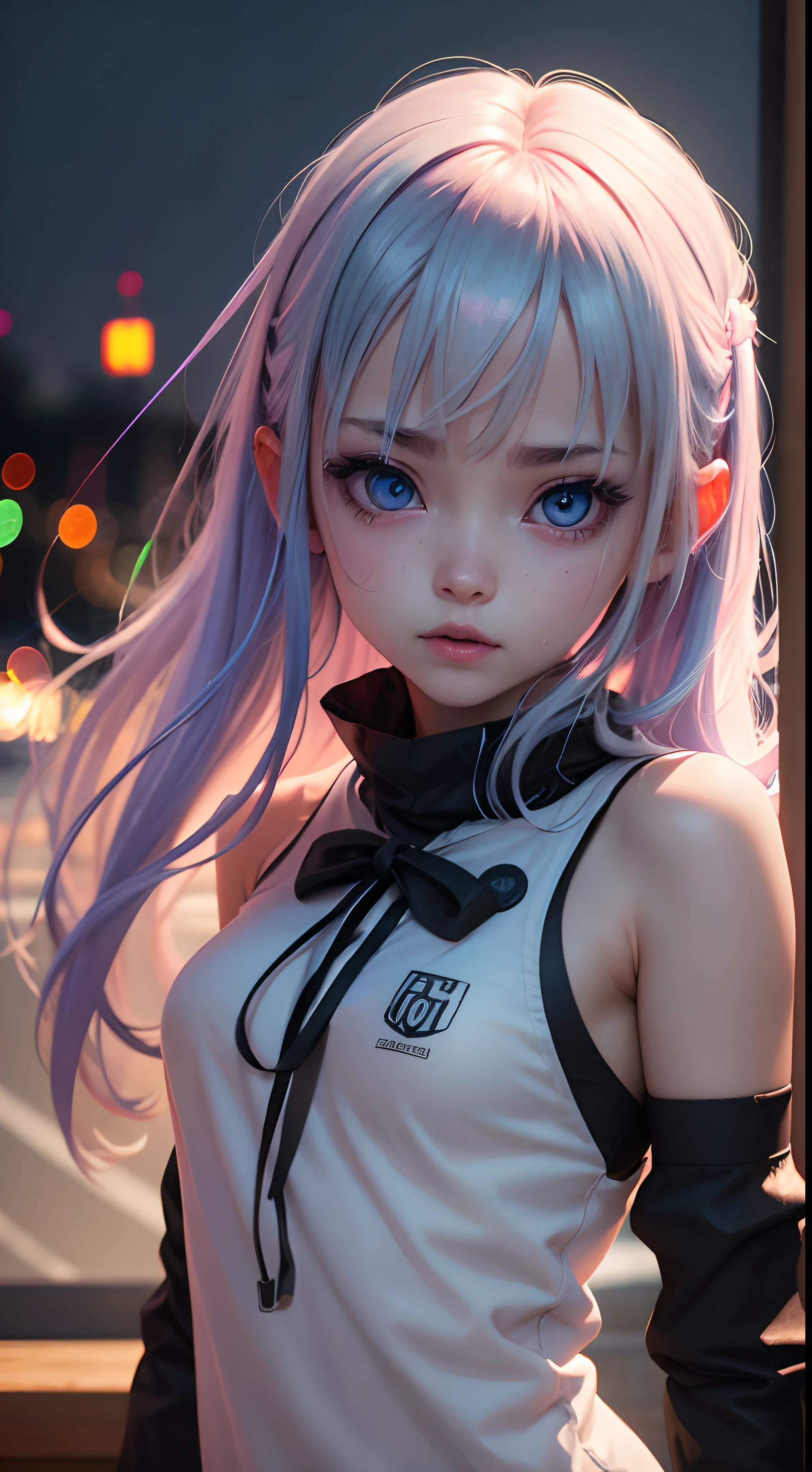 Anime,Ahegao,loli,ultra hd,masterpiece, best quality, 8k, 15yo, teen, raw photo, absurdres, award winning portrait, solo, night, neon, idol face, violaceaess, gardeniass, upper body, DSLR, looking at viewer, candid, sophisticated, youthful, professional lighting, film grain, chromatic aberration, (detailed eyes and face:1.0), (bokeh:1.1)