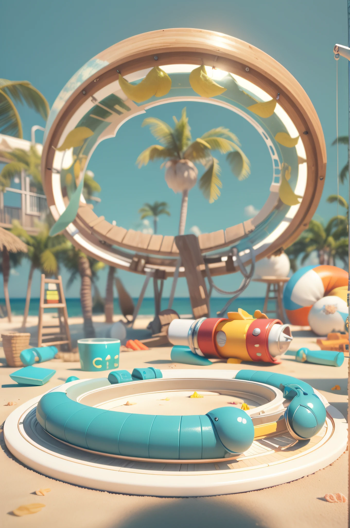 Beachfront beach scene, Flat cylindrical table, Clean the table, stage lighting, Surrounded by cartoon boats in shape, Shape cartoon swimming ring, Cartoon factory modeling, Cool feeling, a sense of atmosphere, scenography,C4D, 3D modeling,oc rendered, Center composition, Low angle shooting, ultra-wide-angle,8K