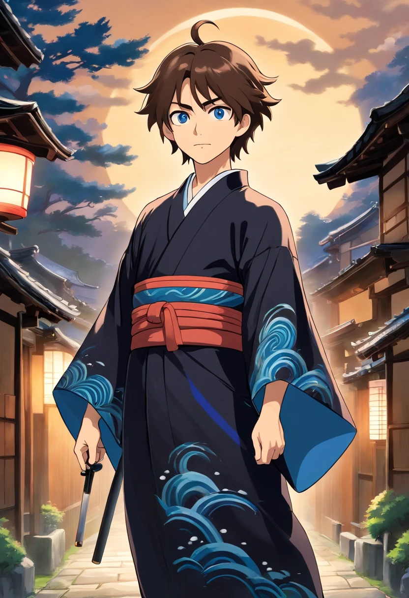 wearing a black wave pattern kimono with haori over the top, Make sure the man is brown with blue eyes, brown middle part hair, and that the clip art has a crisp white background in high definition, ((male)) katana at waist in japanese village at night