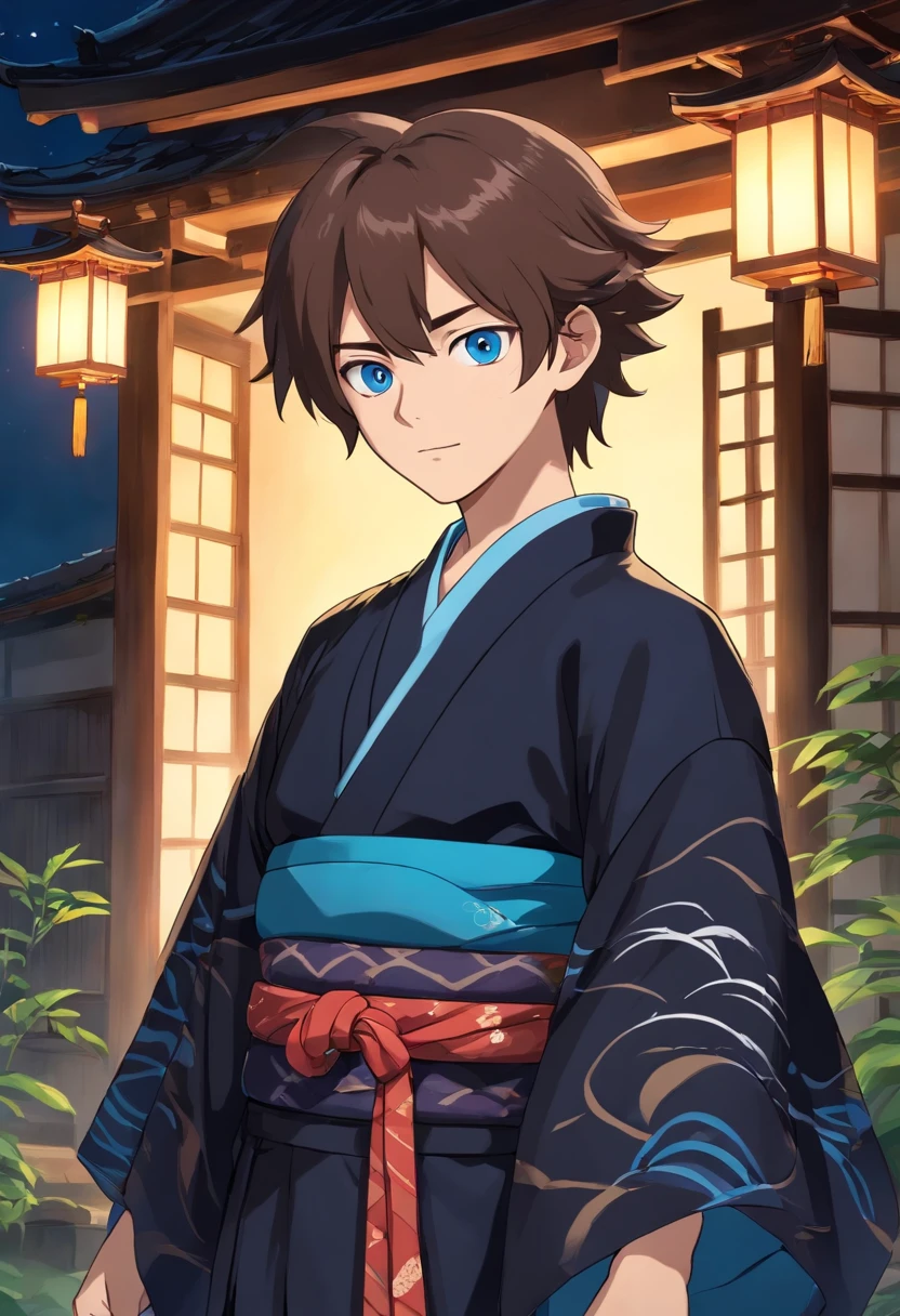 wearing a  black wave pattern kimono with haori over the top, Make sure the man is brown with blue eyes, brown middle part hair, and that the clip art has a crisp white background in high definition, ((male)) katana at waist in japanese village at night