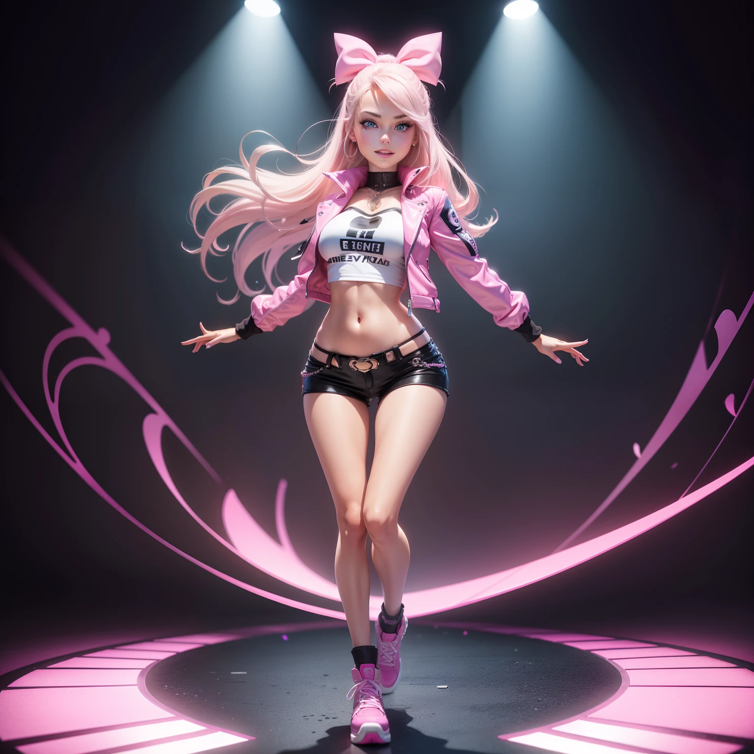 One Barbie, ((Full body)), Blue eyes, Smiling face, Hair loss swaying in the wind, Hip Hop Singer Pose, Dressed in hip-hop style, Please wear a pink biker jacket and light-reflecting hot pants,swarovski,pasties,With a pink bow on the arm, Fashion, Extremely high quality, high details, 8K, clean back ground, in studio, ((Full body shot)),Align your fingers neatly,Accurate Hand Modeling,wave her hand,