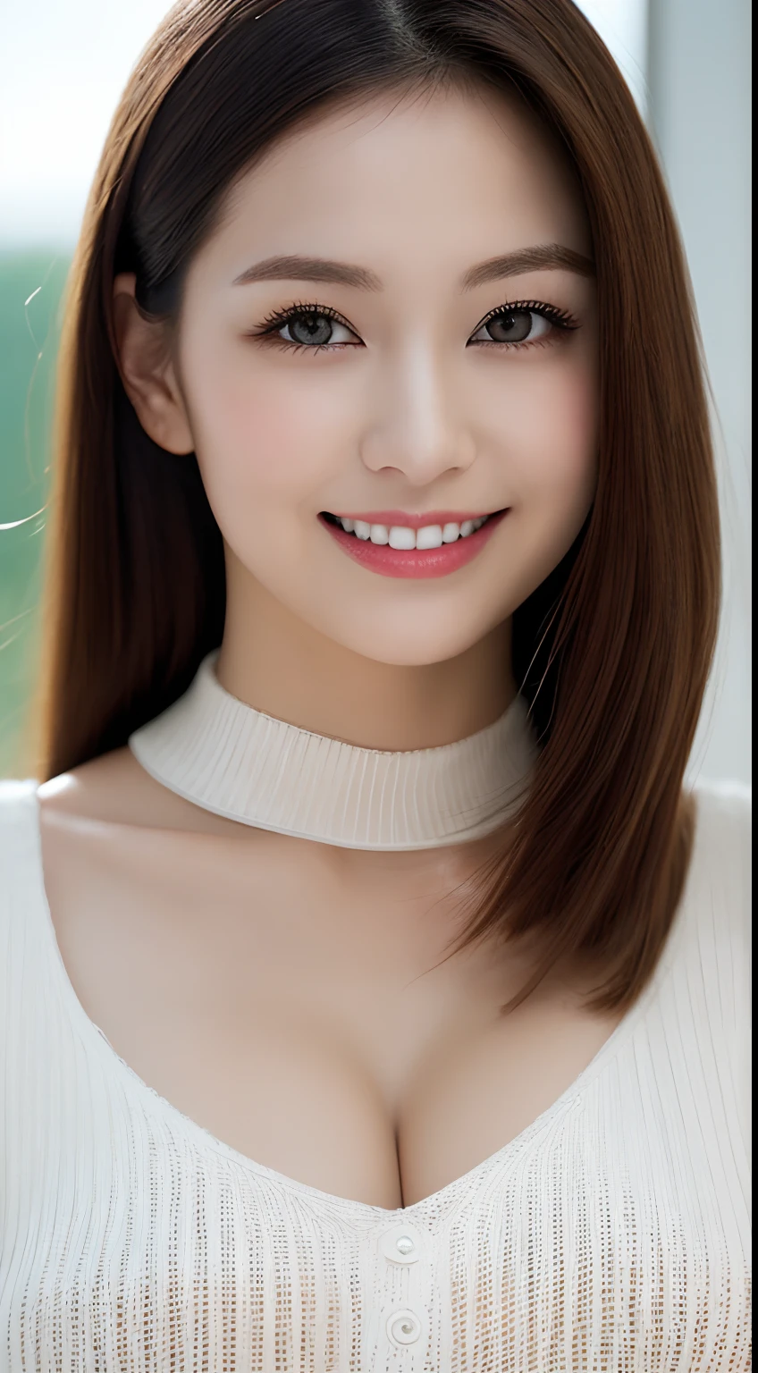 masutepiece, Best Quality, Photorealsitic, finely detail, hight resolution, 8K Wallpapers, Perfect dynamic composition, Beautiful detailed eyes, Medium Hair, large full breasts, Random and sexy poses,Bring your chest together、(Full Open Mock Neck Crop Tank Top White Knitwear、Cleavage looks realistic)、(Breast bulge 1.2)、A smile、open open mouth、Resort scenery、25-years old、(Drooping eyes 1.4)、Adult beauty、japanes