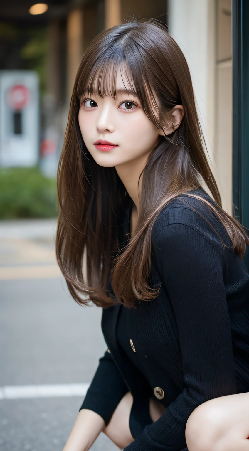 finely detail, hight resolution, hightquality、Perfect dynamic composition, Beautiful detailed eyes, Medium Hair, small tits、Natural Color Lip,Kamimei、Shibuya、20 years girl、1 persons、Transparent skin、Glowing hair、masutepiece, Best Quality, Illustration, Ultra-detailed, finely detail, hight resolution, 8K、The correct state of the human body、crouching down、Gravure Model Pose,Hair soaring in the wind