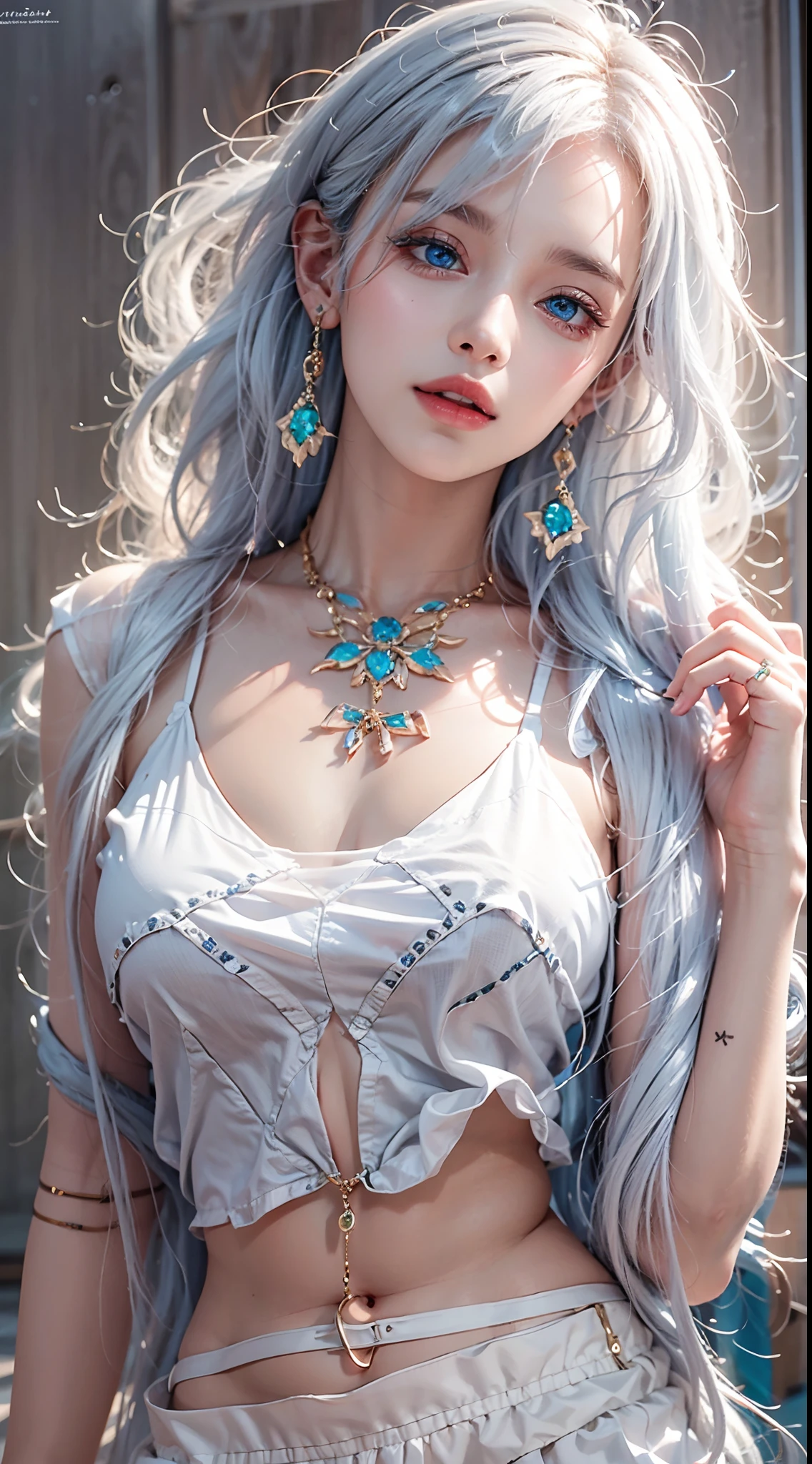 photorealistic, masterpiece, photorealistic, high resolution, soft light, hips up, blue eyes, white hair, long hair, stylist outfit, jewelry, tattoo