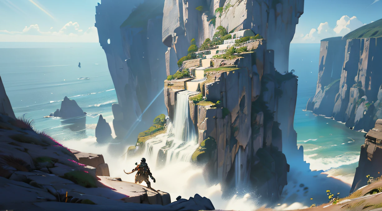 Human falling in a distance, in a leather armor, falling from a cliff, speed blur, top down view, highly detailed, fantasy art by craig mullins, liff with an ocean on a background, Dynamic Light, colorful.