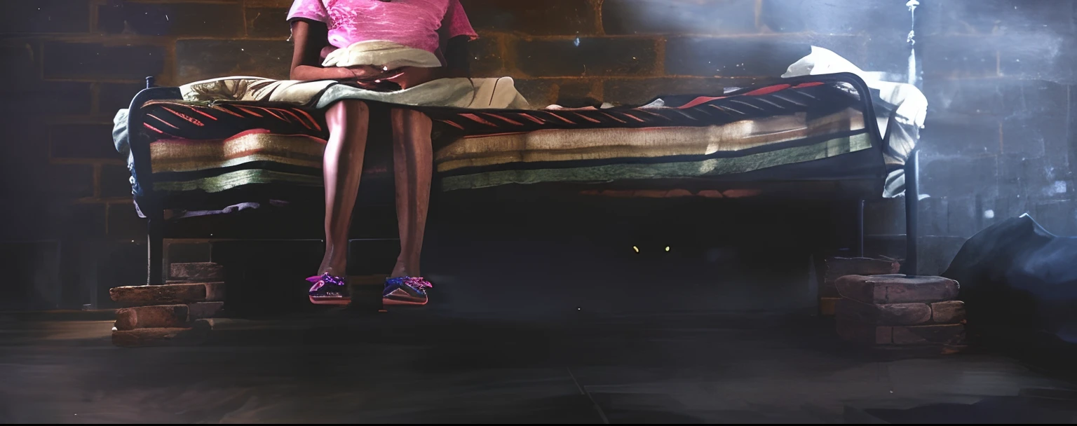 In a dimly lit room, a terrified figure sits on a bed that teeters atop bricks. Every intricate detail of their fear - the wrinkle on their brow, the sweat-soaked hair, and trembling lips - is rendered realistically, capturing the tension and vulnerability in this unsettling composition.