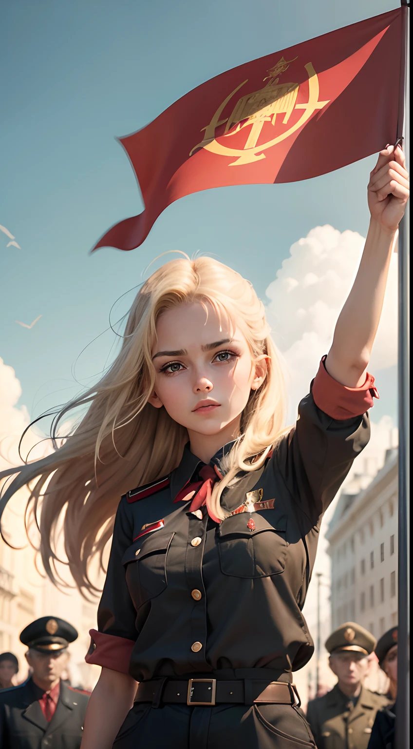 Cartaz CCCP,Cartaz da URSS,Soviet flag in background,Cartaz da URSS,Cartaz da URSS,October Revolution,((Cartaz CCCP,Cartaz da URSS))(Blonde 1 mature girl raises her hand in the air)cartaz promocional,cartaz para,Soviet flag on poles,Blue sky with fighter jet,roupas escolares,1 cinta,Poster design,estilo de arte do cartaz,1980s,1950s,Anos 1960,Anos 1970,Basic color scheme,arte colorida,tricotomia,Inspirador,xogum,oficial militar,Woman,1 madura,hair fluttering in the wind,Hands raised,Revolutions,Aponte com o dedo,fundo quadrado vermelho,Perna fina,