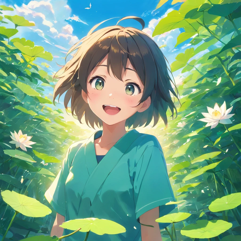 Best Picture Quality,Cute anime ,Mouth open,laughing very happily,The eyes are lively and focused,Laugh heartily among the lotus bushes,Department of Healing,Sky blue sky with turquoise lotus leaves