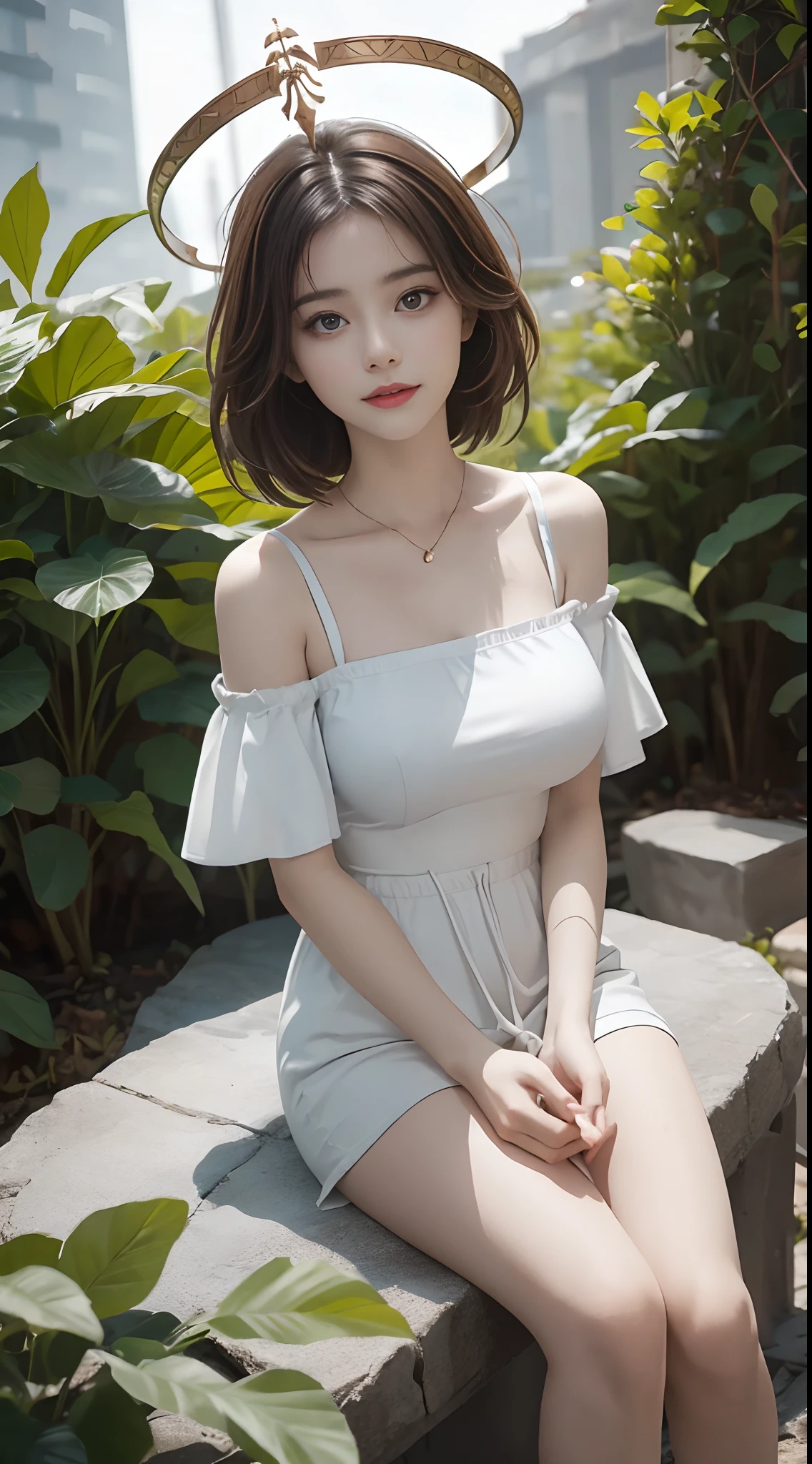 one-girl，Off-the-shoulder attire，The shoulder straps slip off，camisole，the original god，Paimon，Be red in the face，Close-up shot，sportrait，looks into camera，ssmile，White clothes，mediuml breasts，jungles，grassy fields，