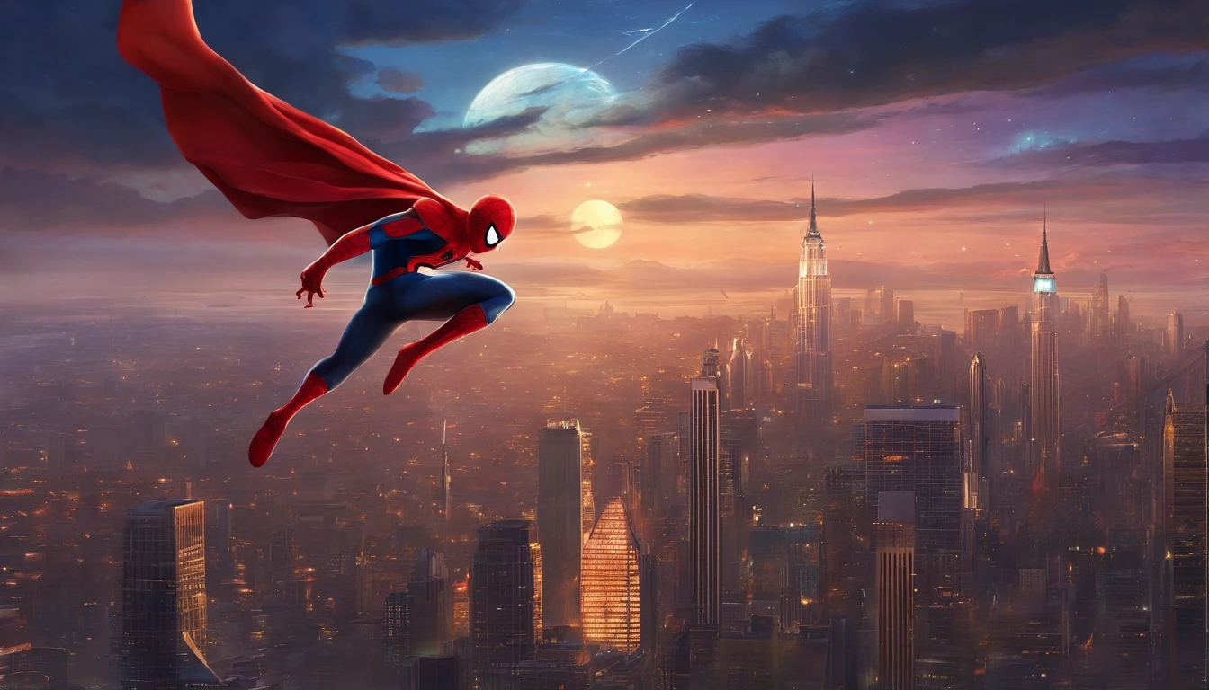 An image of Spider-Man chibi soaring above the New York City skyline at night. He is wearing his iconic red suit with the black spider emblem on his chest. The night sky is filled with stars, and the city's skyscrapers are illuminated, creating a vibrant and exciting atmosphere, ultra realistic, (hyperrealism:1.1),(detailed:1.2)