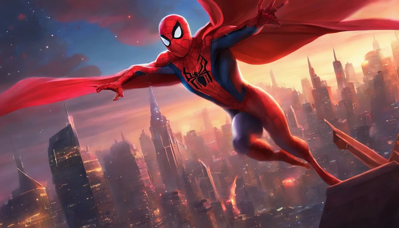 An image of Spider-Man chibi soaring above the New York City skyline at night. He is wearing his iconic red suit with the black spider emblem on his chest. The night sky is filled with stars, and the city's skyscrapers are illuminated, creating a vibrant and exciting atmosphere, ultra realistic, (hyperrealism:1.1),(detailed:1.2)