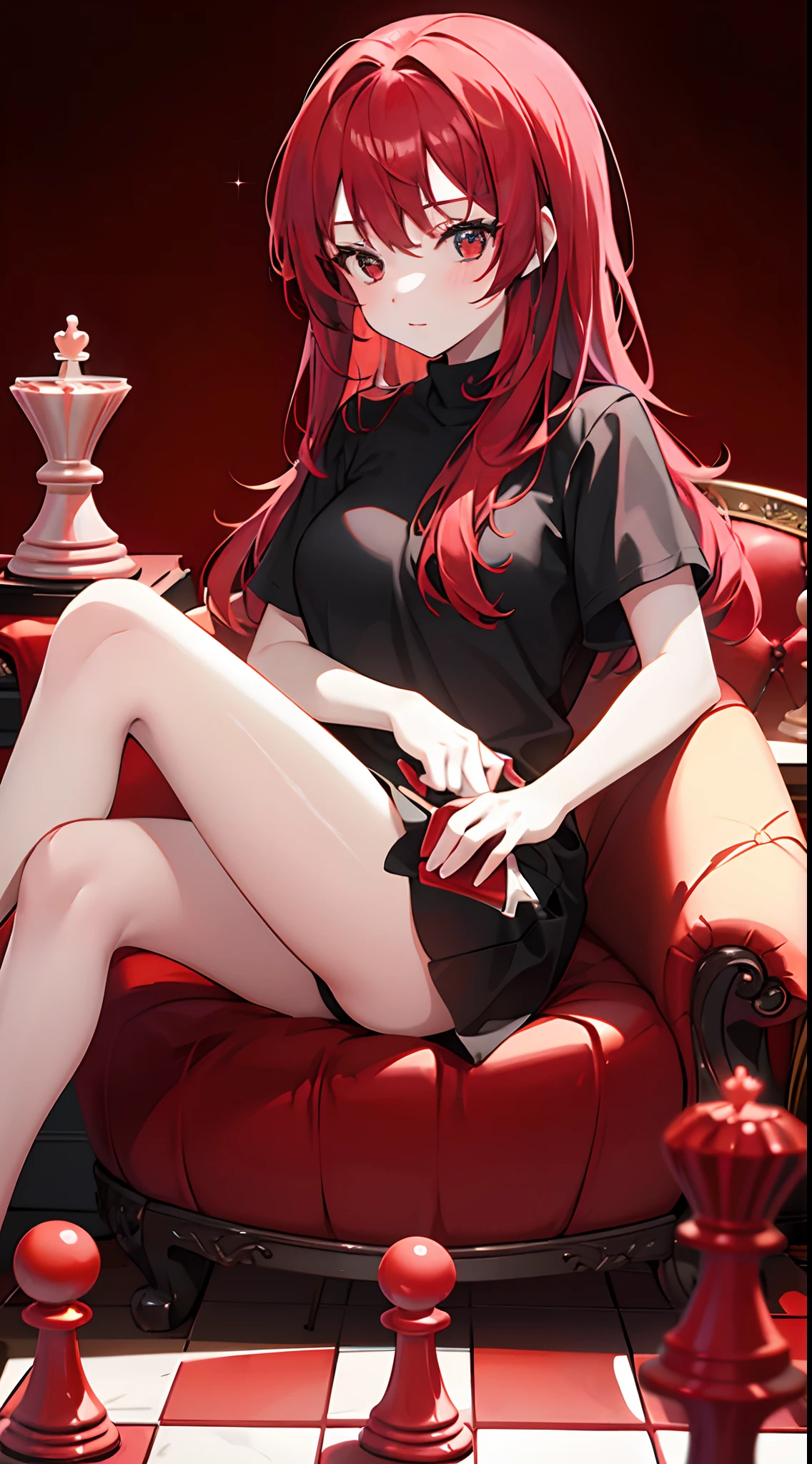 1girl, red hair, red background, looking at viewer, chess board, chess pieces