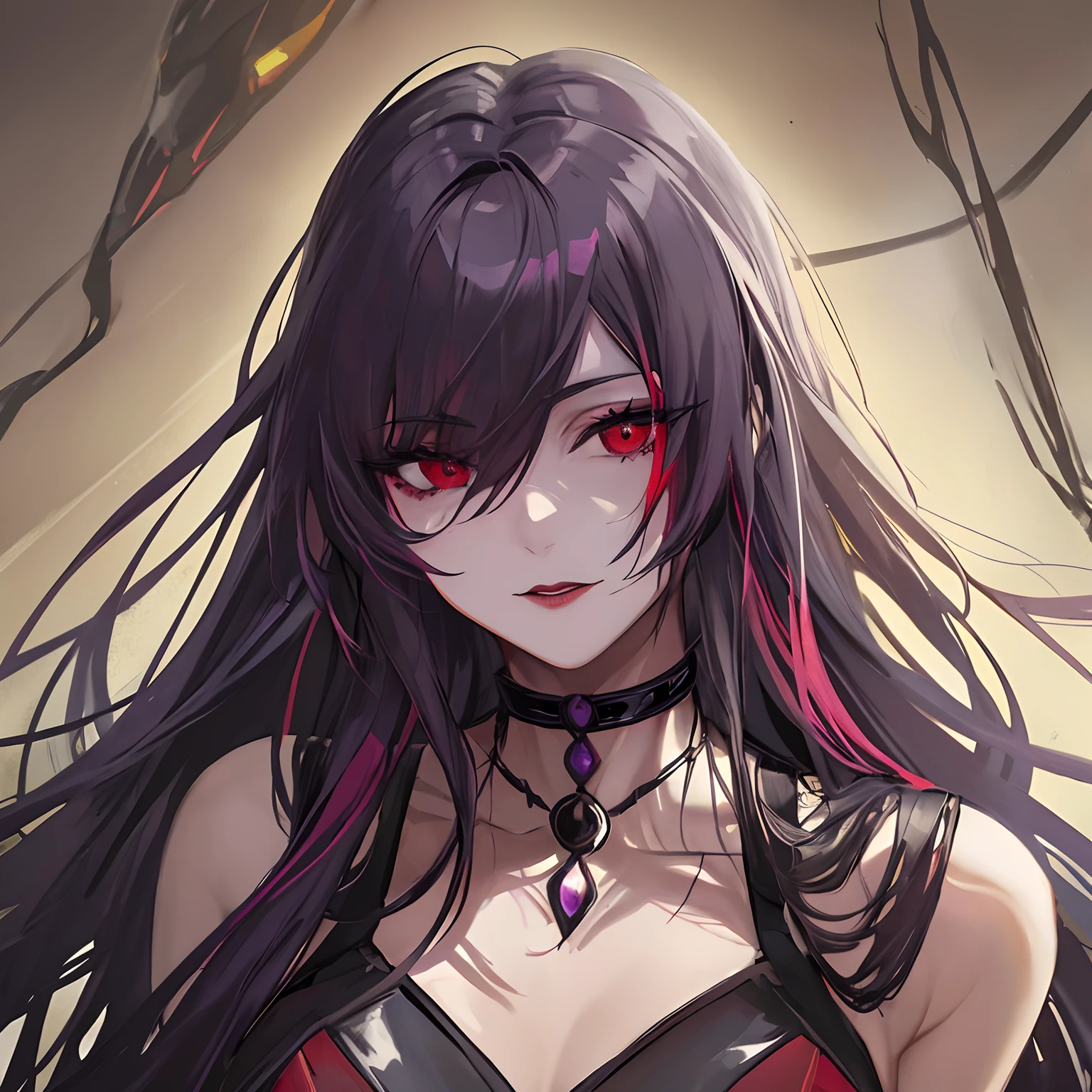 Woman, long dark purple hair, red eyes with a bright light, black long open dress, witch, silver jewelry in the shape of ribs, metal mask on half of the face, black lipstick