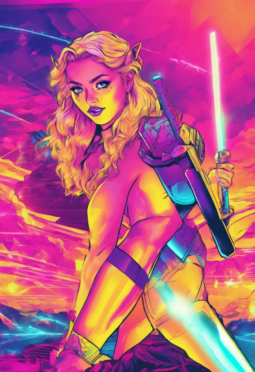 detailed, masterpiece,HDR, detailed sharp, best quality, 1girl,solo,Lorna,blond hair,big hair, long hair,
vest, pelvic curtain, loincloth, armlet, barefoot,
large breasts,wide hips,
blurry background,
floating hair, wind,
science fiction,space craft interior, robot,
holding weapon, lightsaber,
pussy, cleft of venus, nsfw,
(dynamic colors), (random colors),
magic particles, dust particles,
looking at viewer, leaning forward,
<lora:Lorna_V03-000003:0.80>