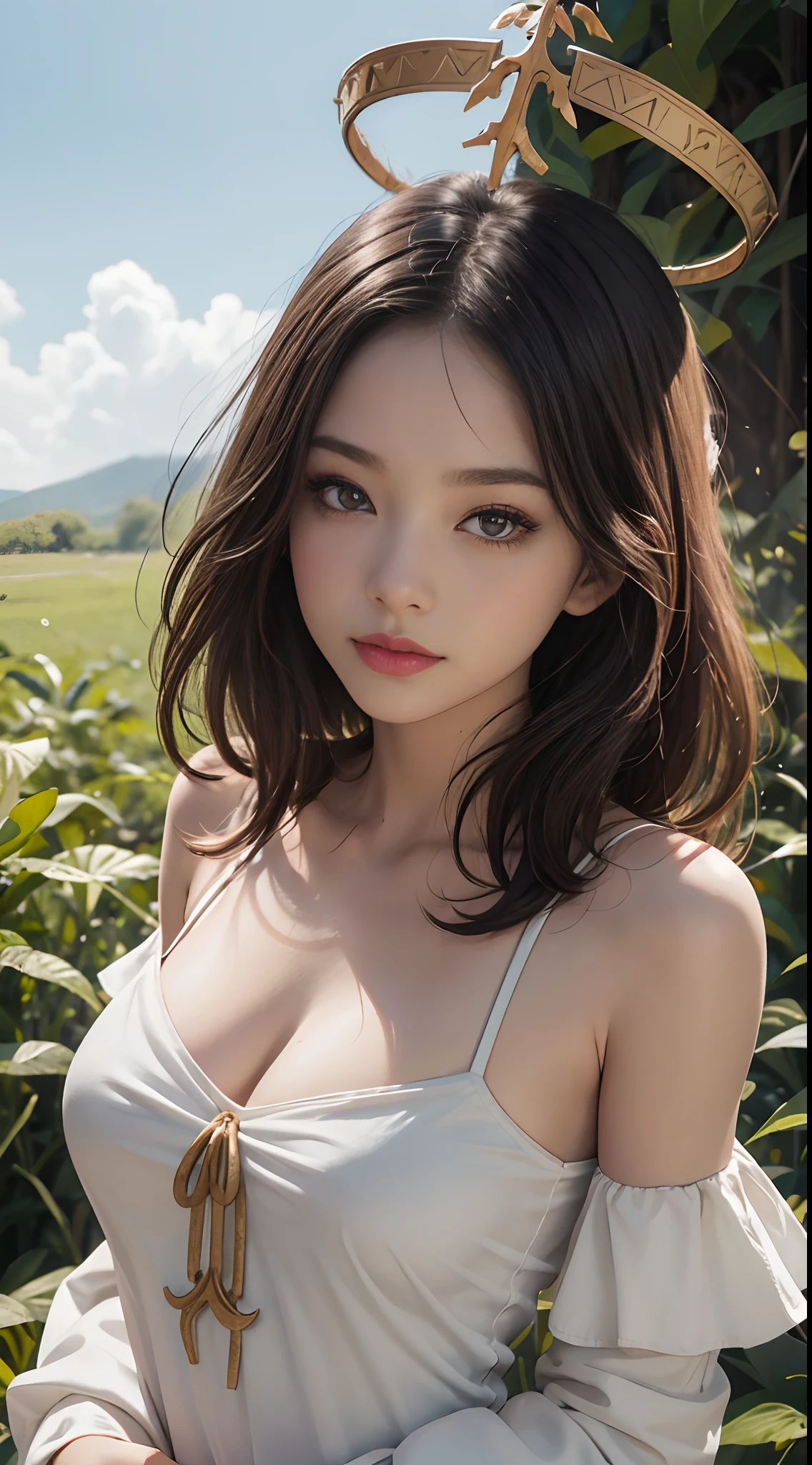 one-girl，Off-the-shoulder attire，The shoulder straps slip off，camisole，the original god，Paimon，Be red in the face，Close-up shot，sportrait，looks into camera，ssmile，White clothes，mediuml breasts，jungles，grassy fields，