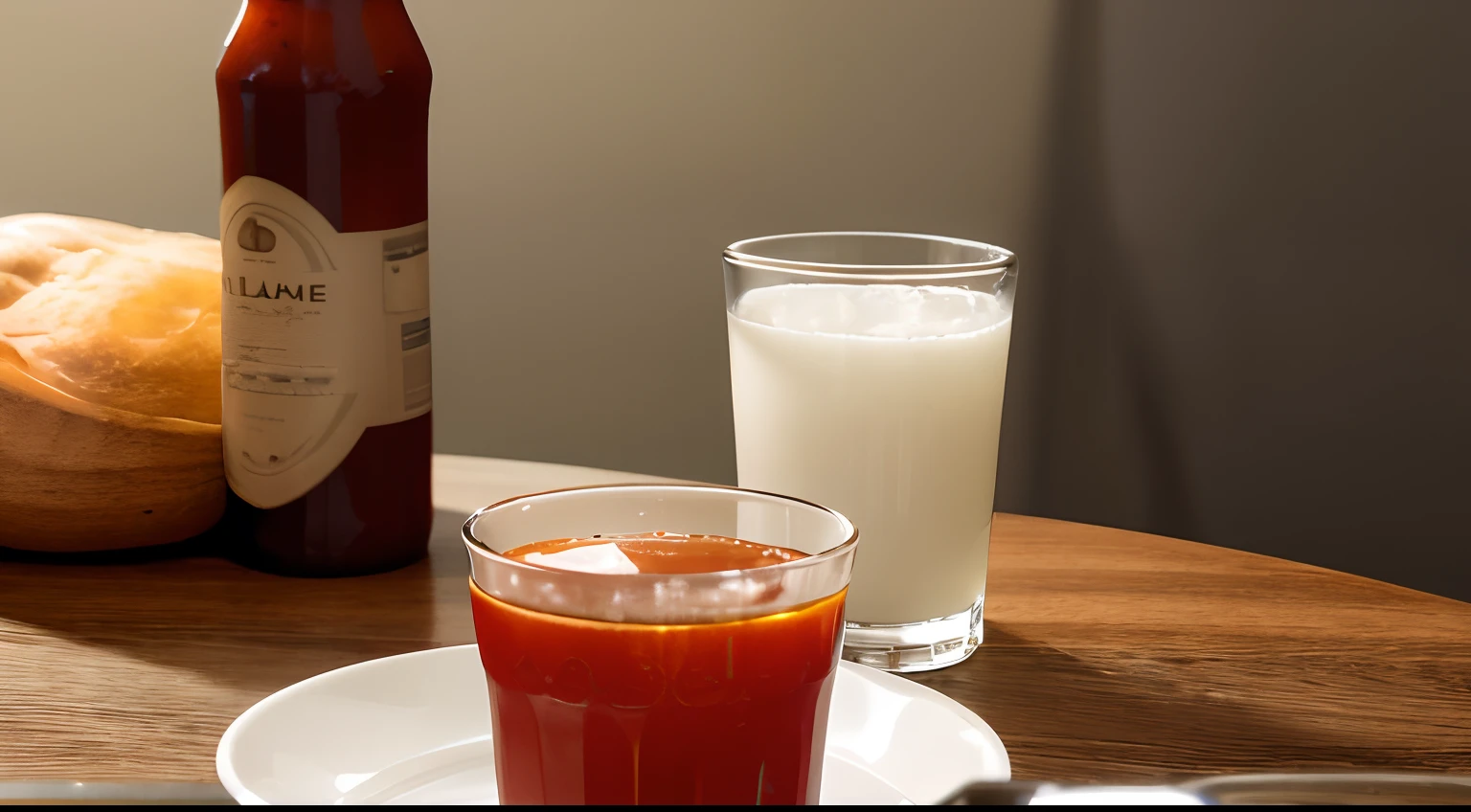 A glass of plain water was placed on the table，A bottle of chili sauce，A cup of hot water