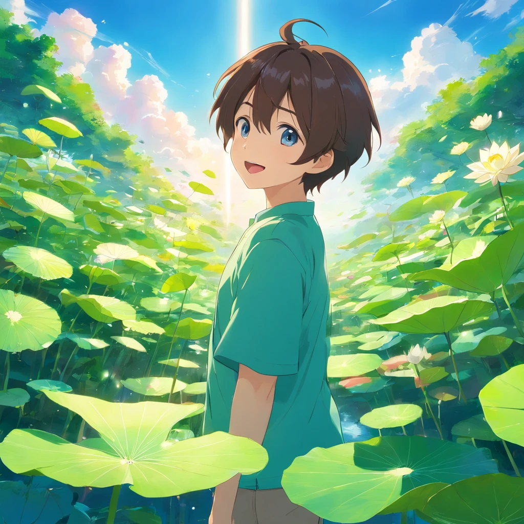 Blue sky, white clouds, green lotus leaves,Cute anime boy,Mouth open,laughing very happily,The eyes are lively and focused,Laugh heartily among the lotus bushes,Department of Healing,Best Picture Quality