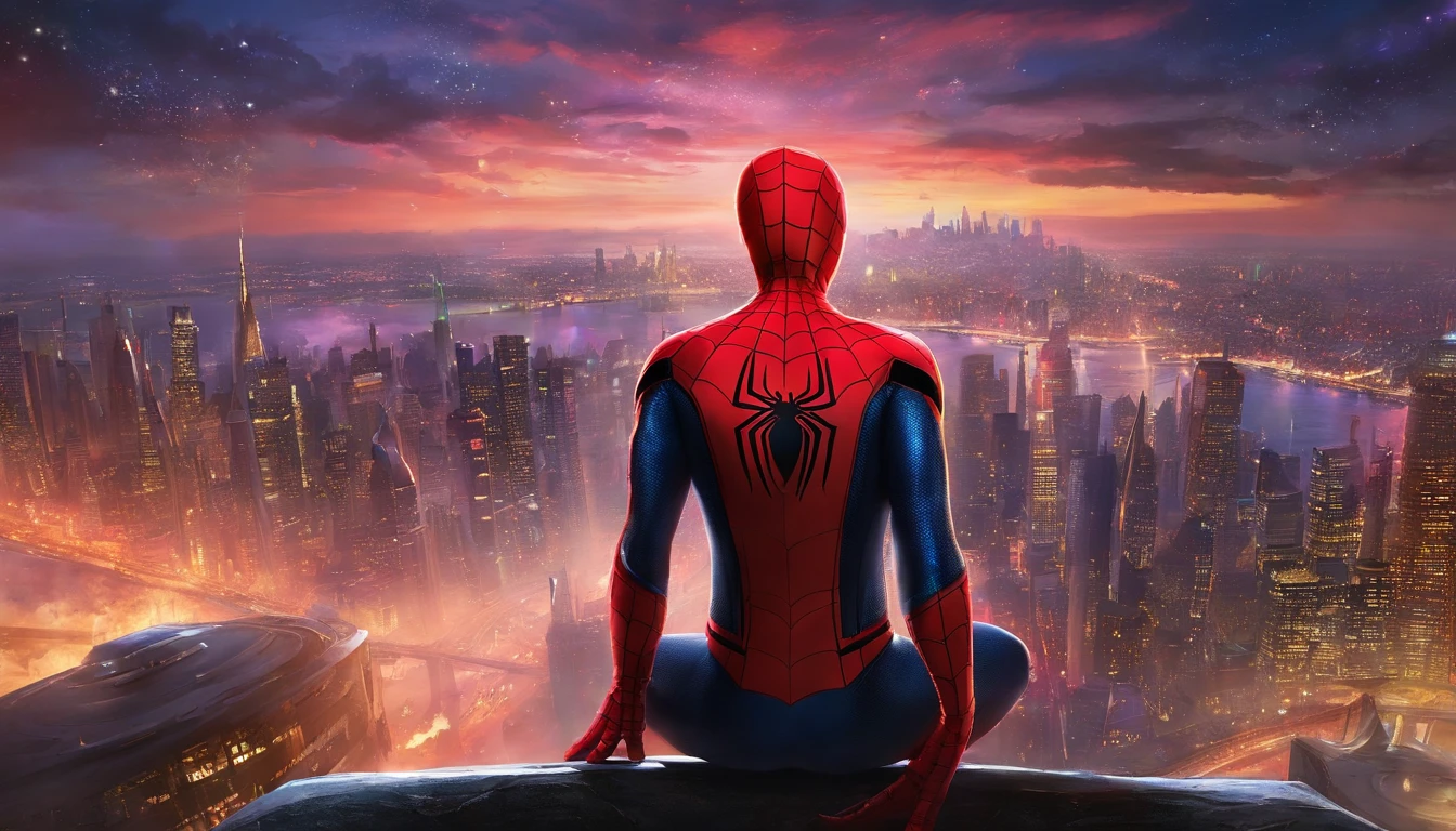An image of Spider-Man soaring above the New York City skyline at night, He is wearing his iconic red suit with the black spider emblem on his chest. The night sky is filled with stars, and the city's skyscrapers are illuminated, creating a vibrant and exciting atmosphere, ultra realistic, (hyperrealism:1.1),(detailed:1.2)