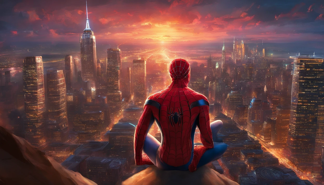 An image of Spider-Man soaring above the New York City skyline at night, He is wearing his iconic red suit with the black spider emblem on his chest. The night sky is filled with stars, and the city's skyscrapers are illuminated, creating a vibrant and exciting atmosphere, ultra realistic, (hyperrealism:1.1),(detailed:1.2)