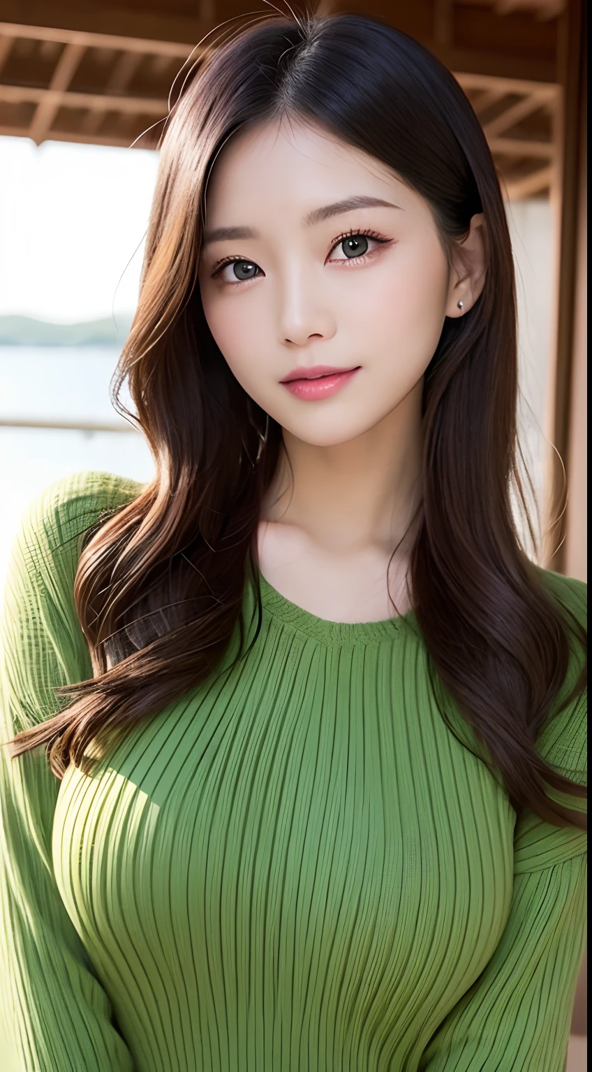 masutepiece, Best Quality, Photorealsitic, finely detail, hight resolution, 8K Wallpapers, Perfect dynamic composition, Beautiful detailed eyes, Medium Hair, large full breasts, Random and sexy poses,Bring your chest together、(Tight Green Knitwear)、(Breast bulge 1.2)、A smile、open open mouth、Resort scenery、24 year old、(Drooping eyes 1.4)、Adult beauty、japanes